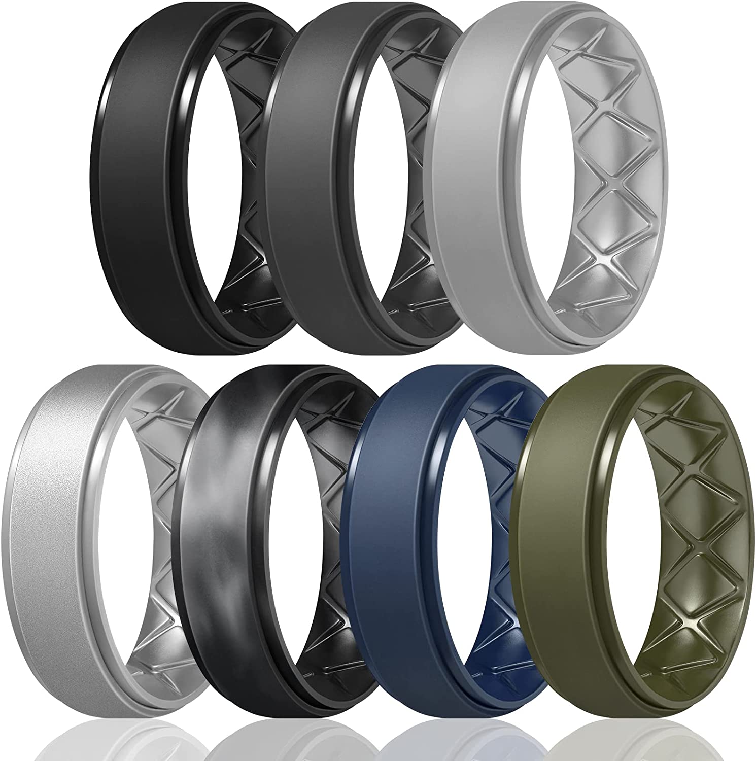 Egnaro Inner Arc Ergonomic Breathable Design, Silicone Rings Mens with Half Sizes, 7 Rings / 4 Rings / 1 Ring Rubber Wedding Bands, 8.5mm Wide-2mm Thick