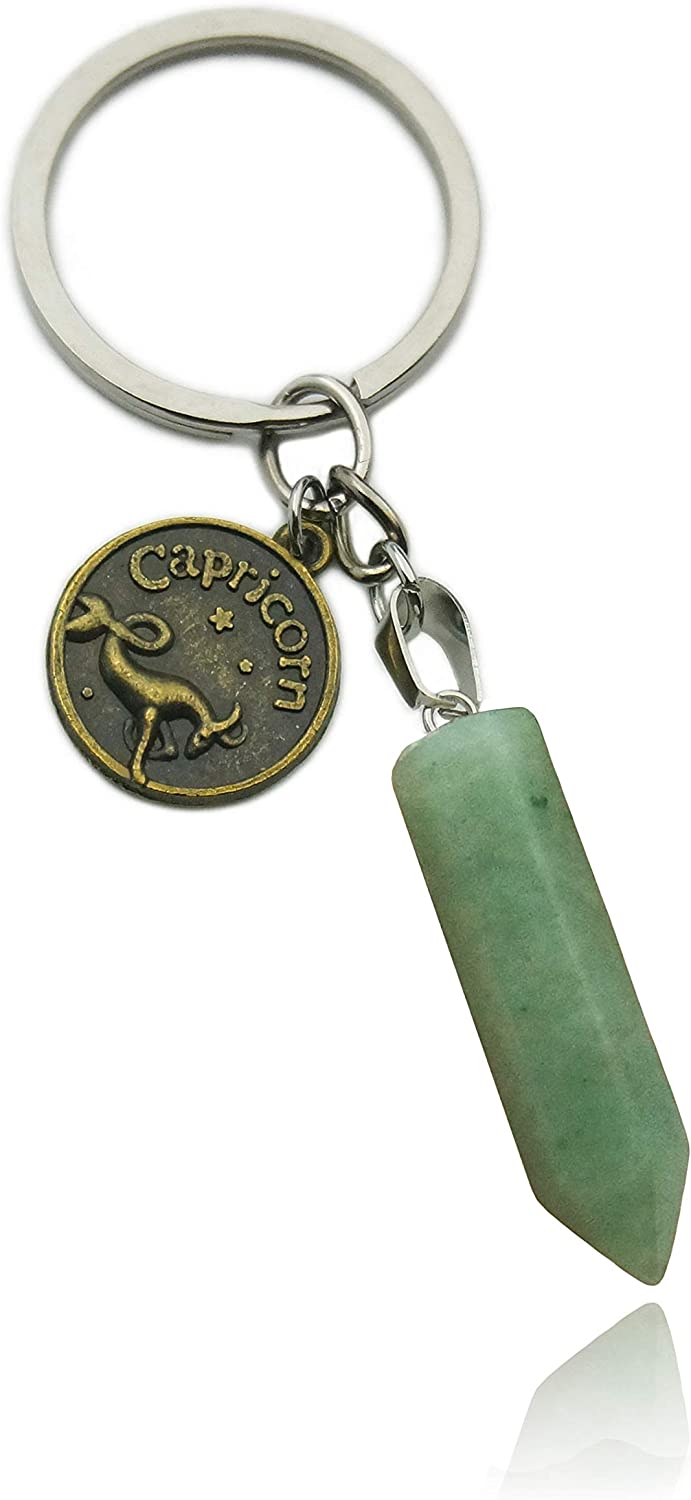 ZUOPIPI Zodiac Crystal Stone Keychain Natural Rose Stone/Red Agate/Aventurine Healing Crystal Keychain
