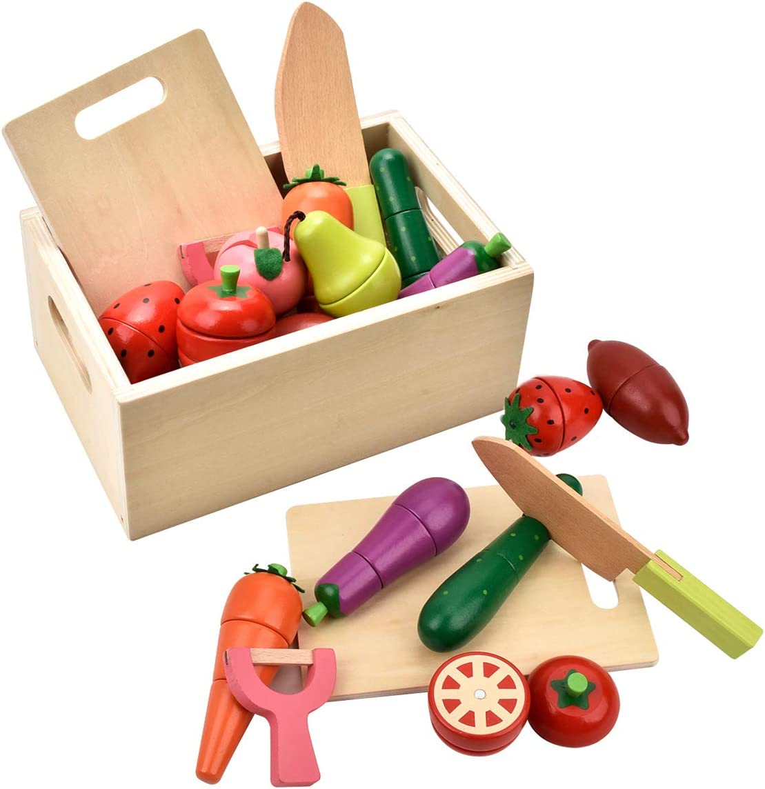 CARLORBO Wooden Play Food for Kids Kitchen - Toys Food Vegetables and Fruit for 2 Year Old Boys Girls Role Pretend Play Early Education Montessori Education
