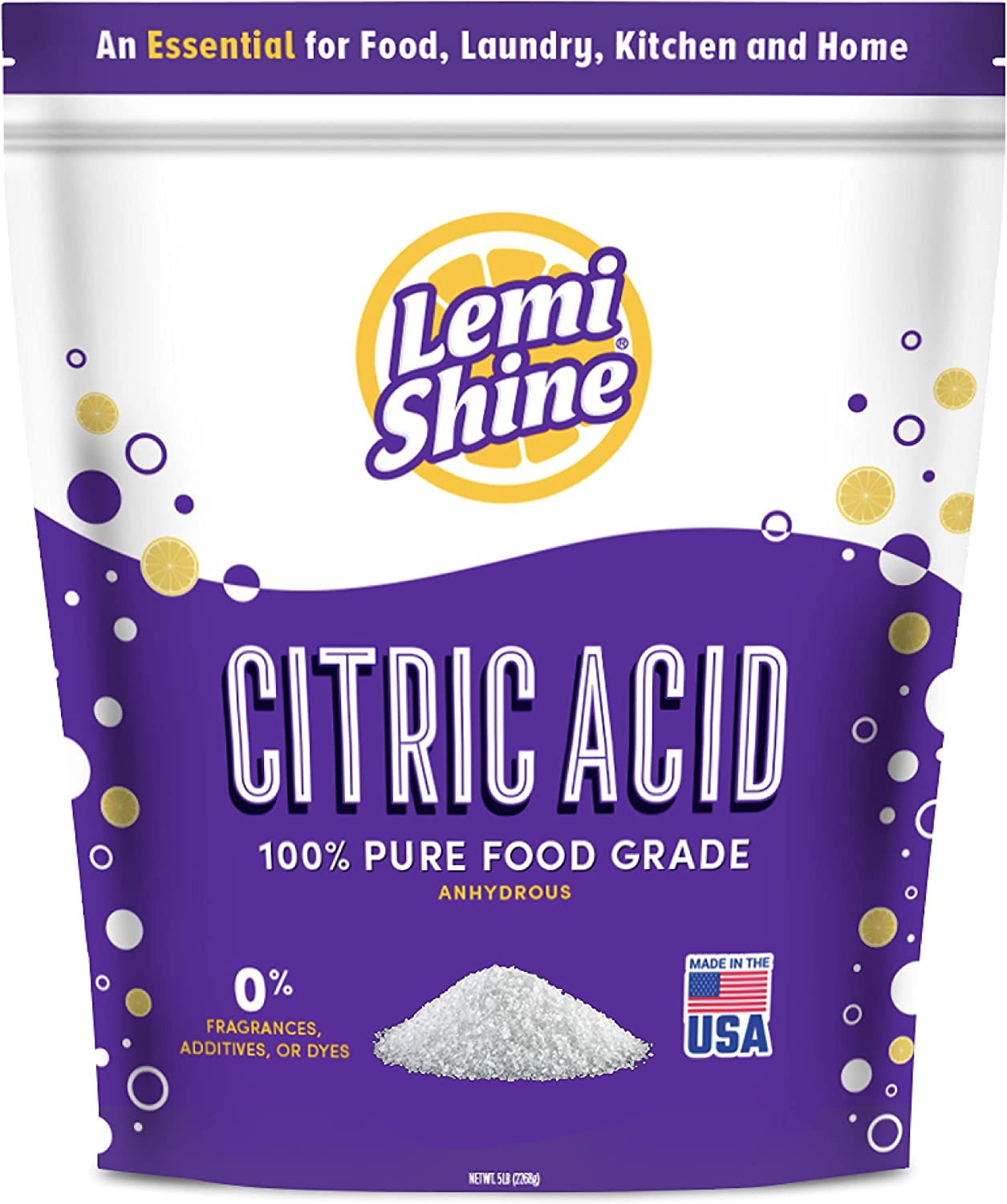 Lemi Shine 100% Citric Acid 5 Pound Bag l Pure Food-Grade Flavor Enhancer & All-Natural Preservative | Fragrance Free Citric Acid for Bath Bombs, Cooking, Canning, & Homemade Cleaning Supplies