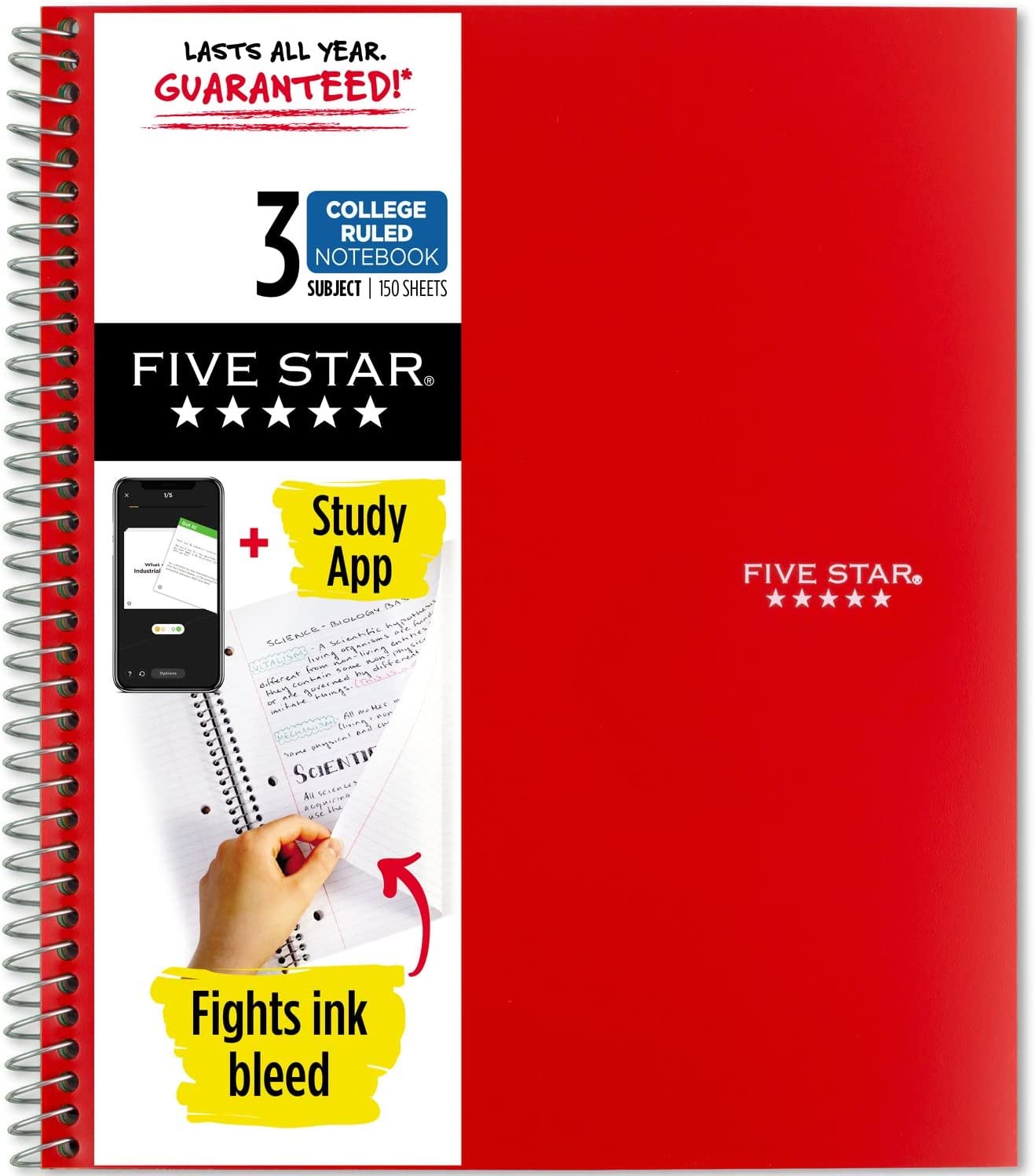 Five Star Spiral Notebook + Study App, 3 Subject, College Ruled Paper, 150 Sheets, 11" x 8-1/2", Fire Red, 1 Count (72065)