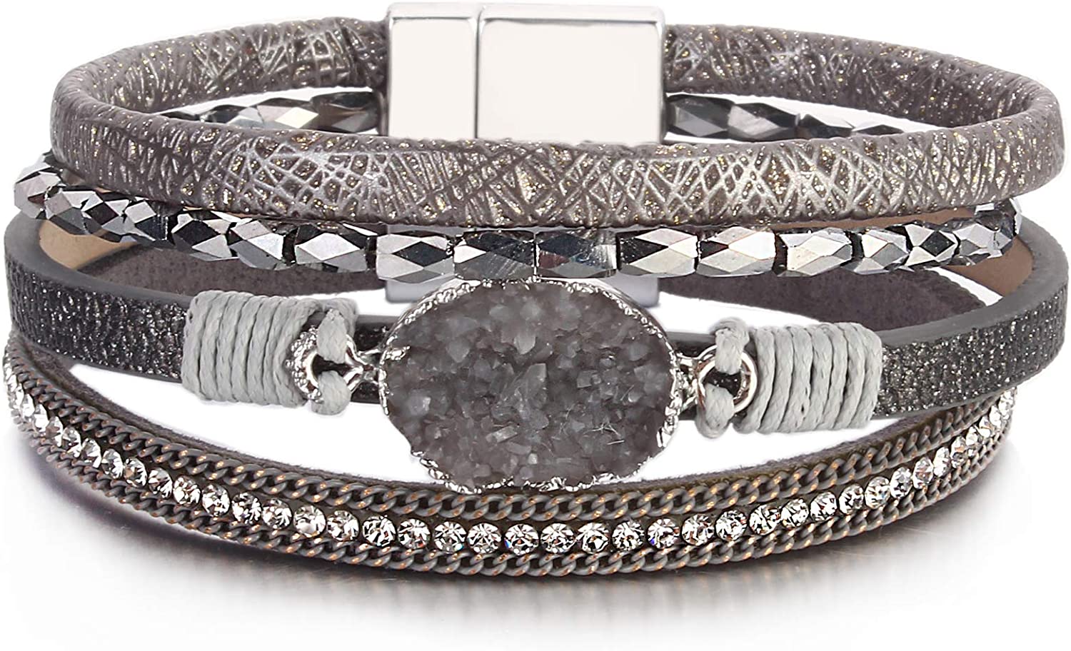 FANCY SHINY Leather Wrap Bracelet Boho Cuff Bracelets Crystal Bead Bracelet with Magnetic Clasp Jewelry Gifts for Women Teen Girls