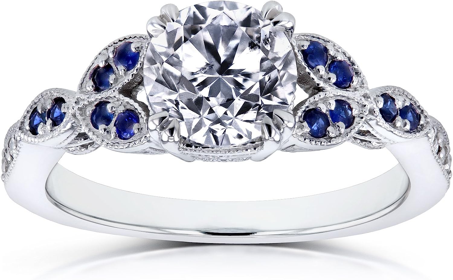 Kobelli Antique Style Round Diamond and Blue Sapphire Engagement Ring 1 1/5 CTW in 14k White Gold