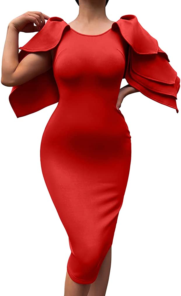 DAAWENXI Women's Elegant Ruffle Off The Shoulder Zipper Empire Midi Cocktail Dress