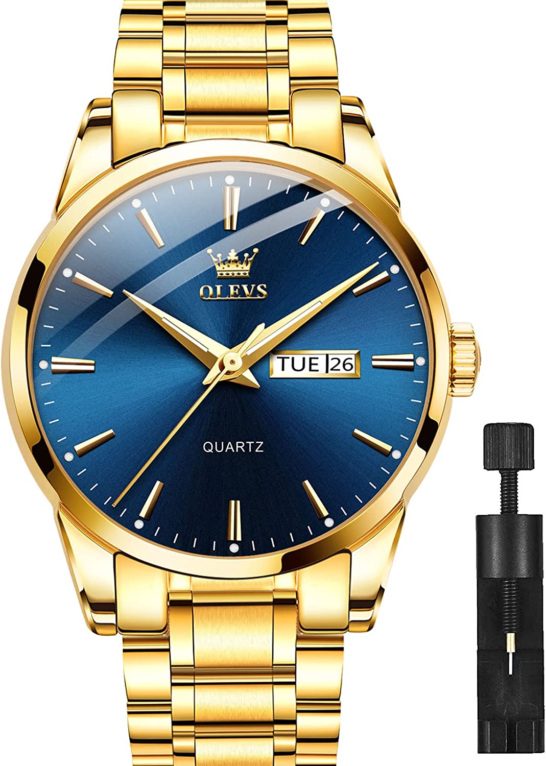 OLEVS Classic Men Watches with Date,Stainless Steel Man Watch with Date, Bussiness Watches for Men,Luminous Quartz Mens Watches Black/White/Blue/Gold, Waterproof Male Watch with Week