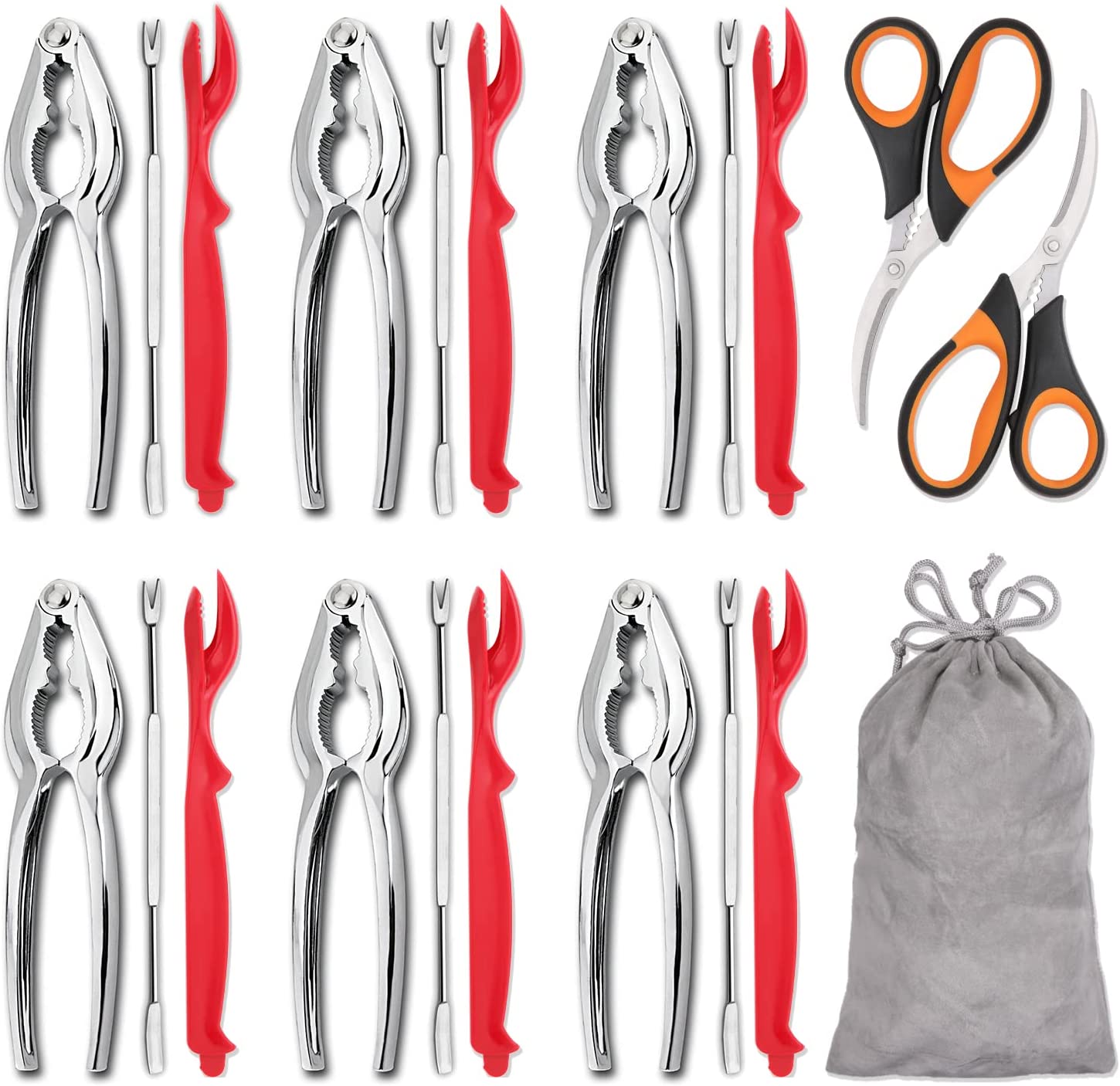 Hiware 20-piece Seafood Tools Set includes 6 Crab Crackers, 6 Lobster Shellers, 6 Crab Leg Forks/Picks and 2 Seafood Scissors & Storage Bag - Nut Cracker Set