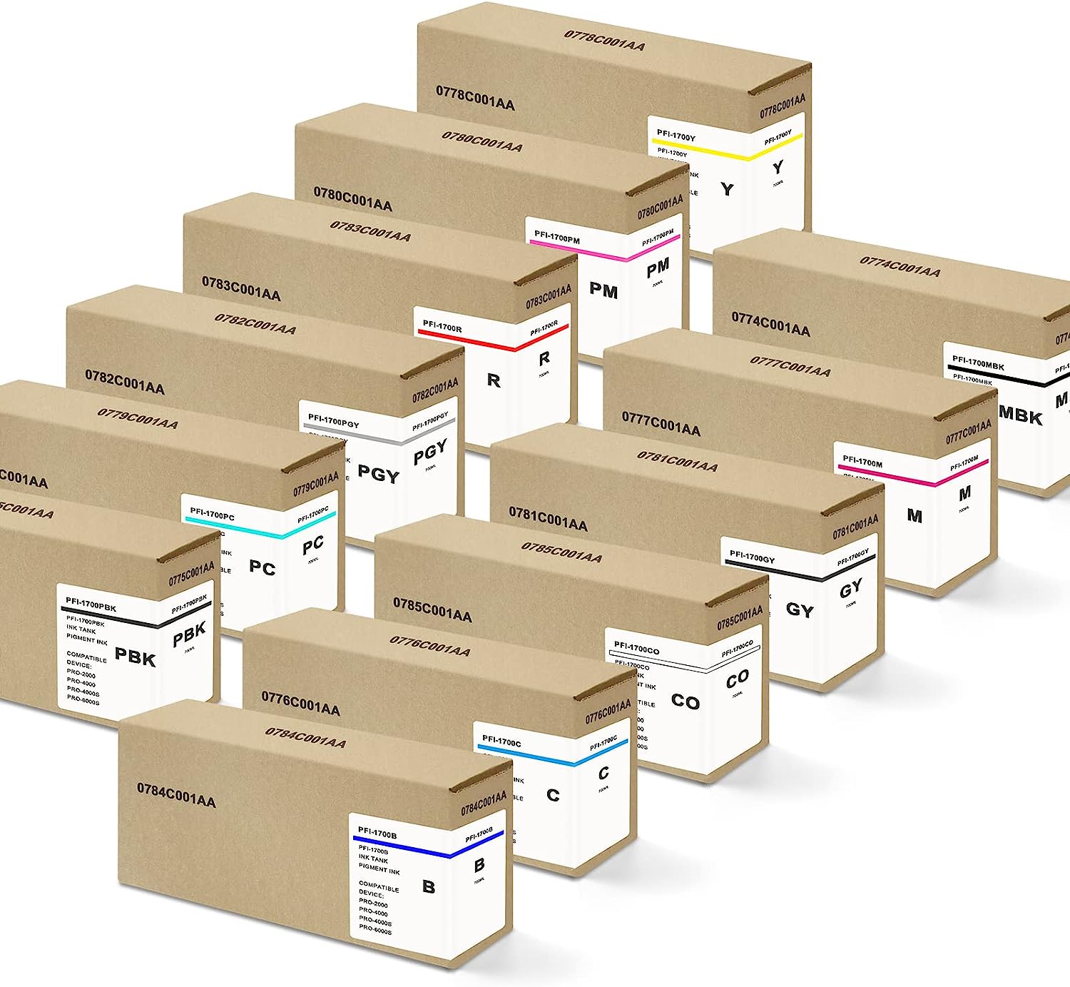 PFI-1700 700ml Pigment Ink Tank Compatible with Canon PFI 1700 for imagePROGRAF PRO-2000 PRO-4000 PRO-4000S PRO-6000S Large Format Printers, ( MBK, PBK, C, M, Y, R, GY, B, PGY, PC, PM, CO, 12-Pack )