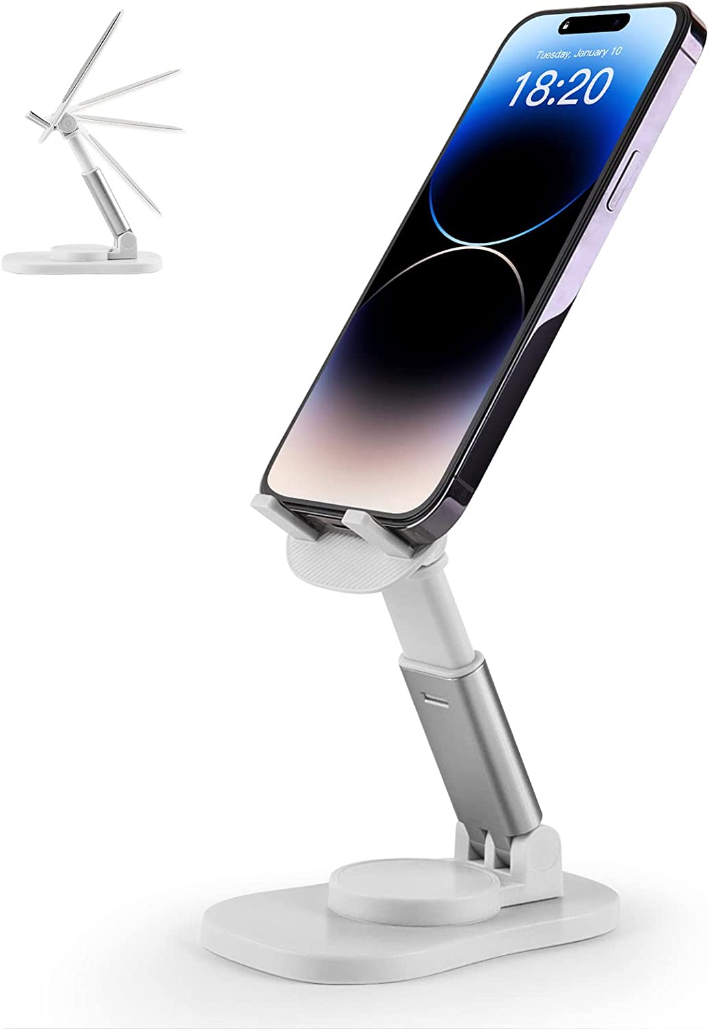Zyerch Cell Phone Stand, Adjustable Phone Holder for Desk, Portable Phone Holder Stand Cellphone Cradle Desktop Dock Compatible with iPhone and All Smart Phones for Office, White