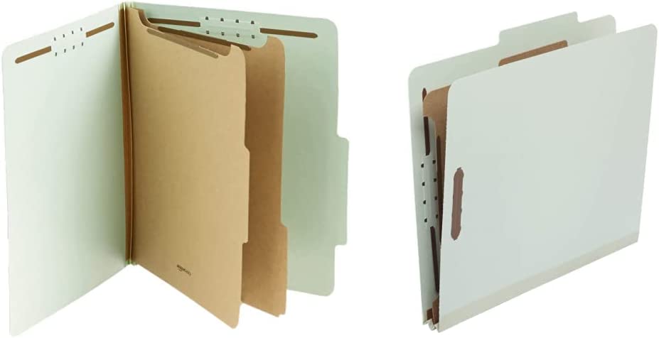 Amazon Basics 10-Pack Letter Size Pressboard Classification File Folders with Fasteners, Dividers, 2” Expansion - Green