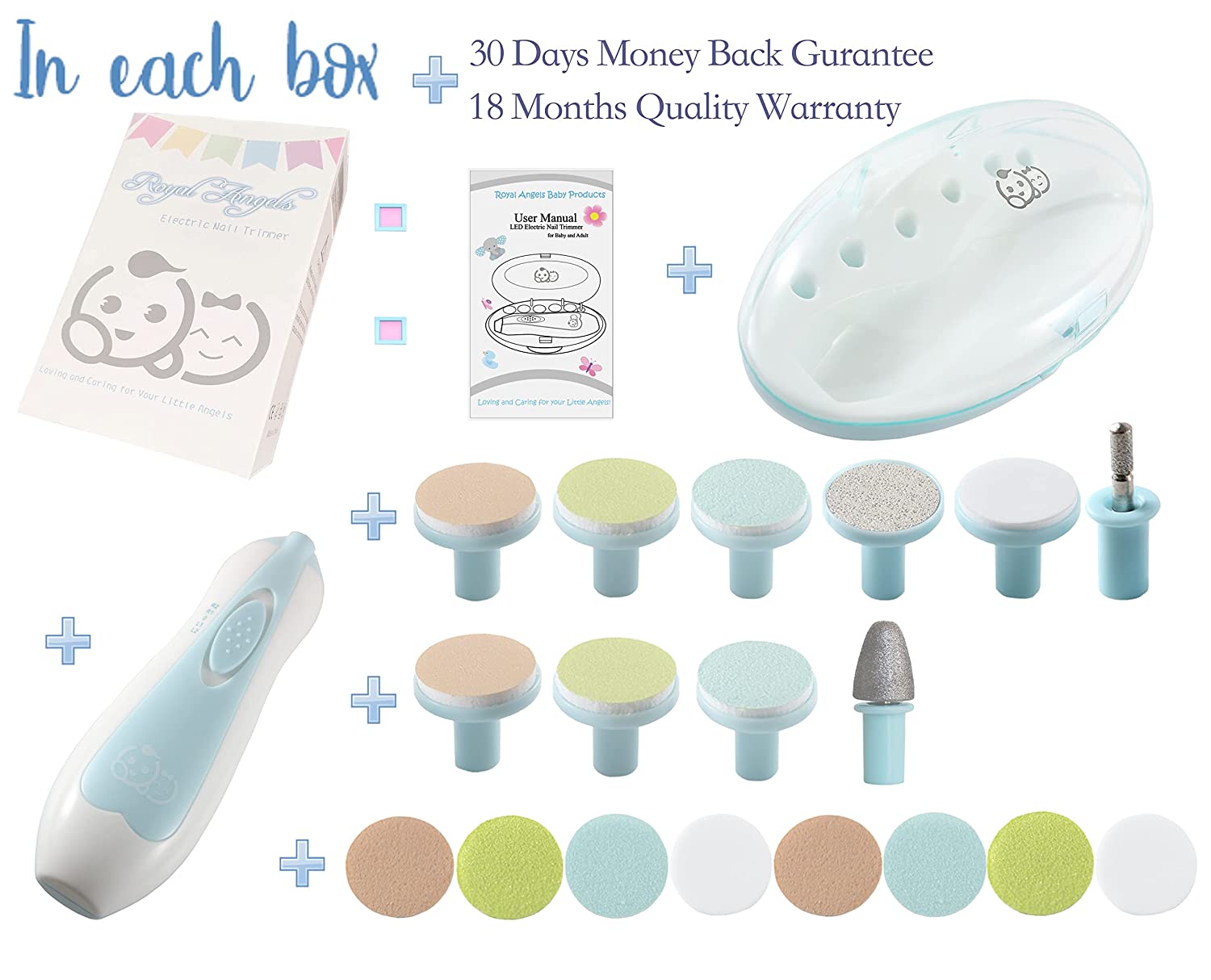 Baby Nail Clippers 20 in 1 by Royal Angels Baby | Safe Electric Baby Nail Trimmer, Baby Nail File Kit, Additional Replacement Heads, Newborn Toddler Toes and Fingernails, Trim and Polish (Blue)