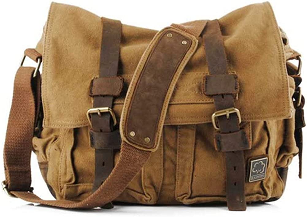 Sechunk Vintage Military Leather Canvas Laptop Bag Messenger Bags Medium