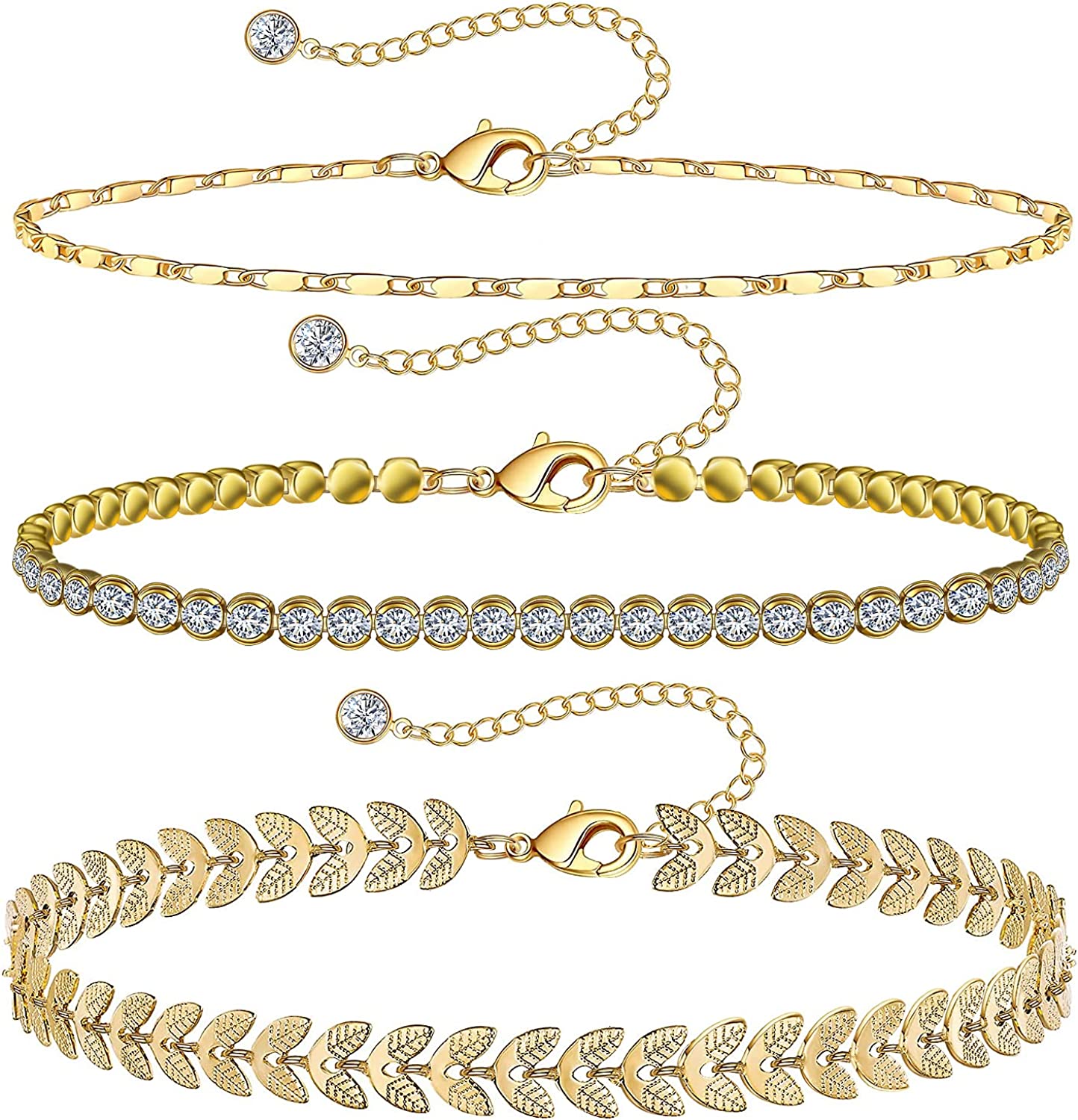 Gold Ankle Bracelets for Women 14k Gold Plated Anklet Silver Tennis Rose Quartz Cross Bead Herringbone Snake Paperclip Chain Cubic Zirconia Dainty Layered Anklet Set 3Pcs