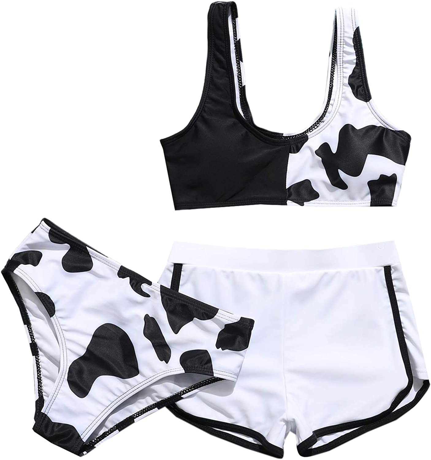 SOLY HUX Girl's 3 Piece Swimsuits Cow Print Bikini Bathing Suit with Shorts