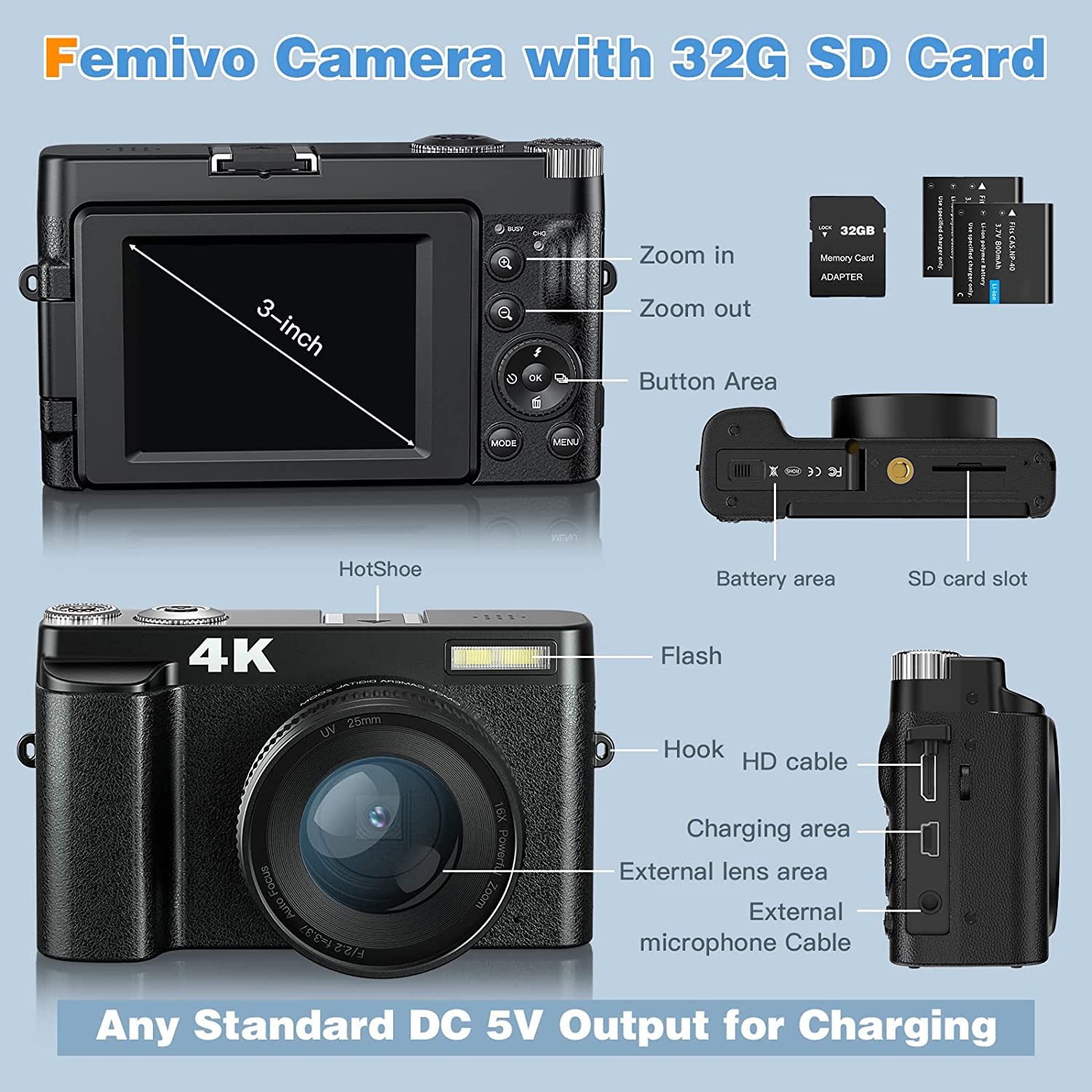 4K Digital Camera for Photography and Video [Autofocus & Anti-Shake] 48MP Vlogging Camera with SD Card, 3'' 180° Flip Screen Compact Camera with Flash, 16X Digital Zoom Travel Camera (2 Batteries)