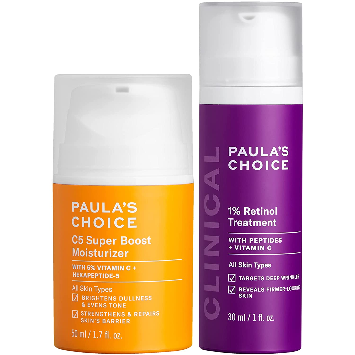Paula's Choice CLINICAL 1% Retinol Treatment + C5 Super Boost 5% Vitamin C Moisturizer, for Discoloration, Deep Wrinkles & Dark Spots, Fragrance-Free & Paraben-Free, Set of 2