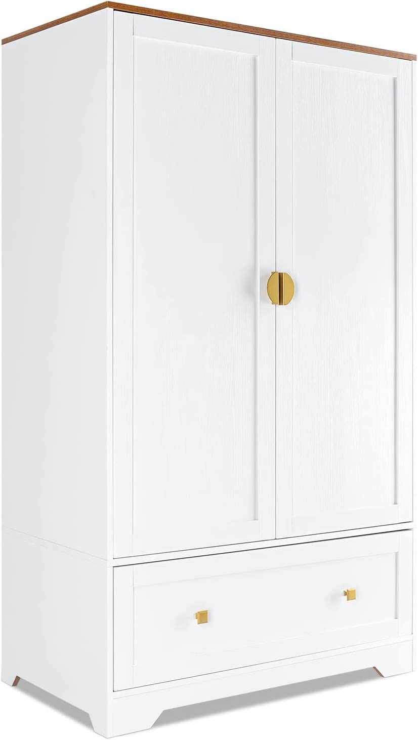 VINGLI Wide White Armoire Wardrobe Closet with Hanging Rod， Shelves and Drawer， Freestanding Closet Wardrobe Cabinet for Hanging Clothes， Armoires and Wardrobes with Doors for Bedroom， Kids' Room 
