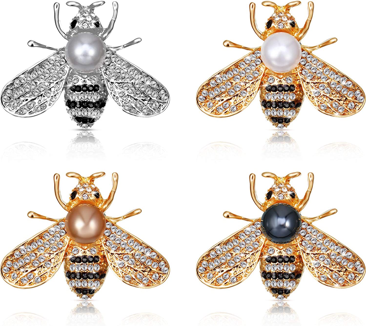 WILLBOND 4 Pieces Honey Bee Brooch Lapel Pins for Women Crystal Insect Themed Bee Brooches with Faux Pearl Fashion Gift for Birthday Dating Party Anniversary