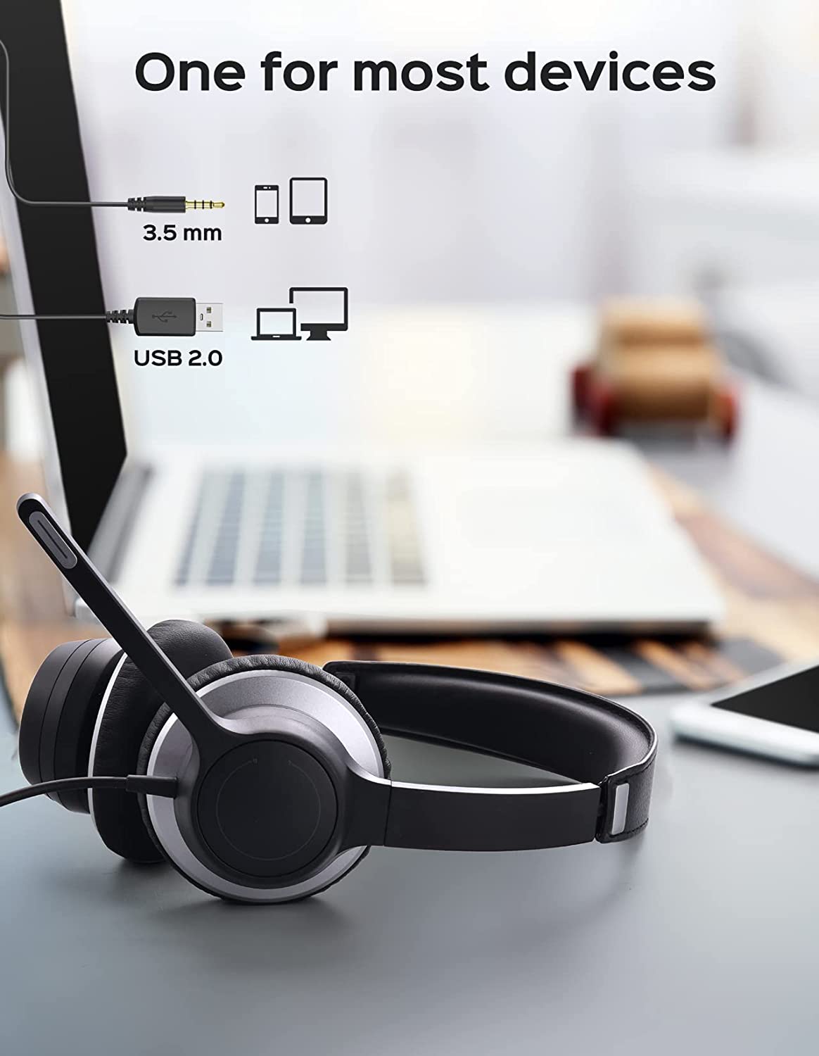 USB Headsets with Microphone for PC, Stereo Computer Headset with Mic Noise Reduction & in-line Control, Comfort 3.5mm/USB Wired Headphones, PC Headset with Mute for Zoom Skype Webinar Home Office