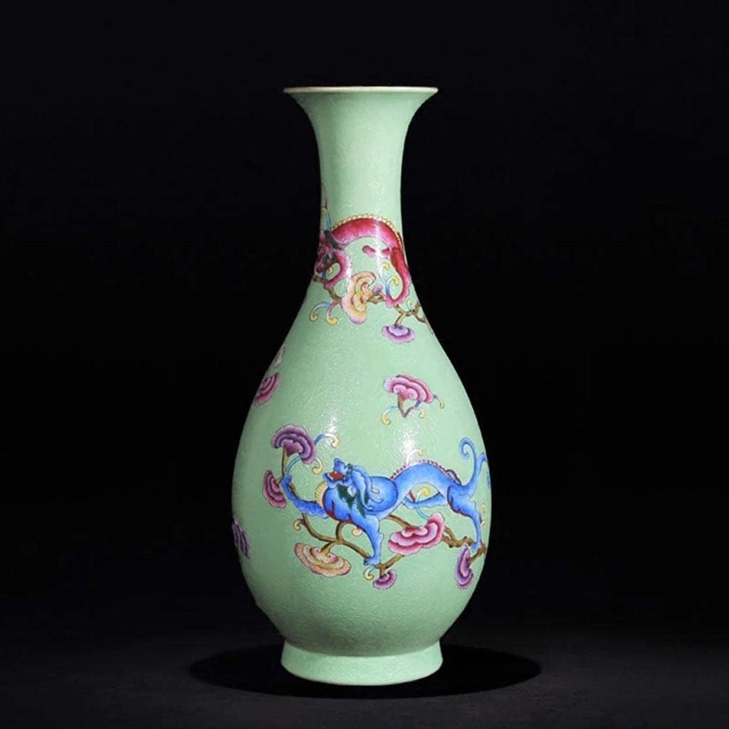 HOUKAI Chinese Style Antique Handmade Green Ceramic Flower Vase Collection Jingdezhen Porcelain Dragon Decoration Vase