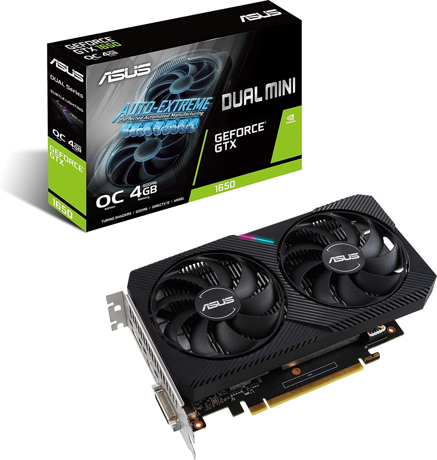 ASUS Dual NVIDIA GeForce GTX 1650 Mini OC Edition Gaming CSM Graphics Card (PCIe 3.0, 4GB GDDR6 Memory, HDMI, DisplayPort, DVI-D, for Intel NUC 9 Extreme Kit, Intel NUC 9 Pro Kit, and Small Chassis)