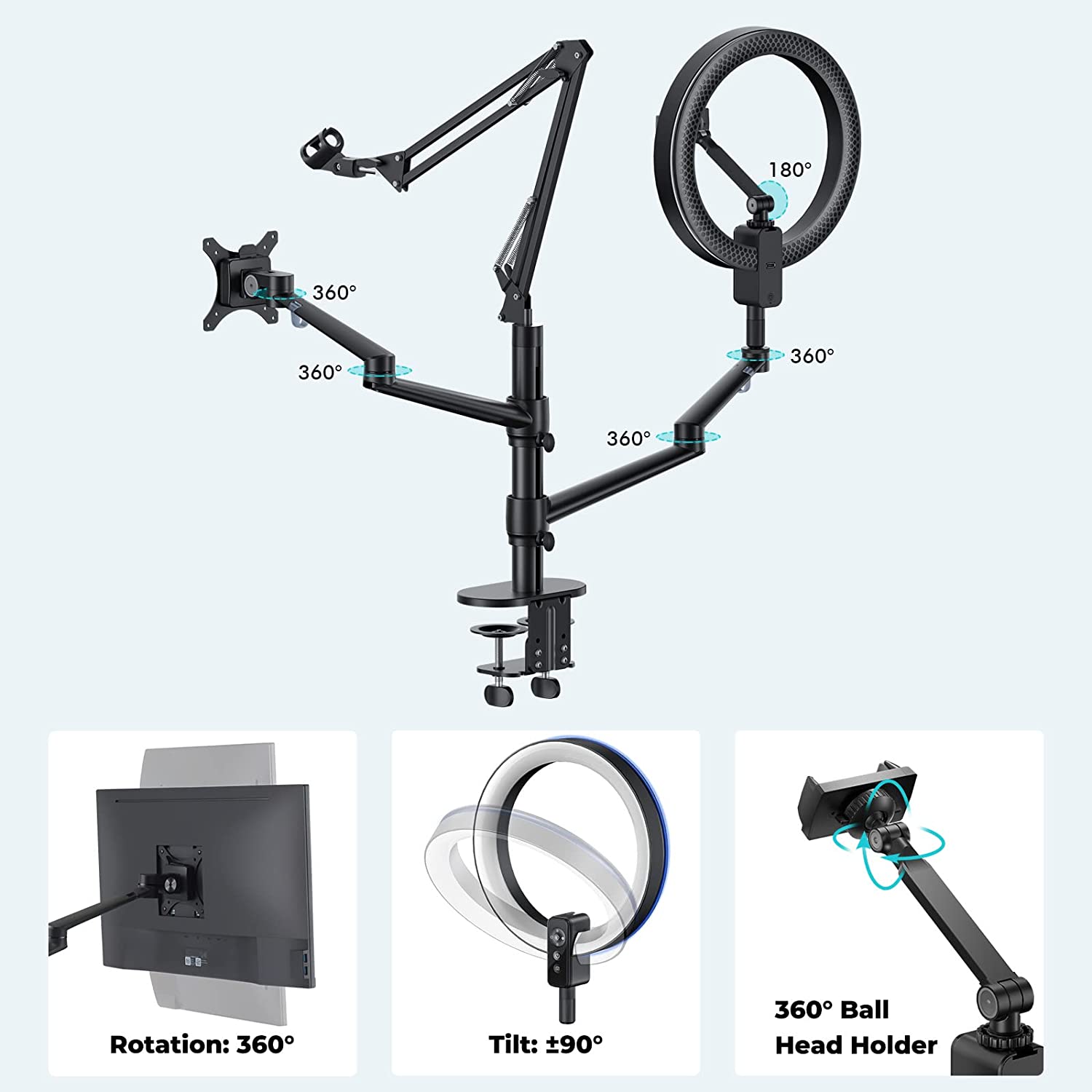 Viozon Selfie Desktop Live Stand Set 12" LED Ring Light 5 in 1 Monitor Laptop Arm Overhead Recording Height&amp;Angle Adjustable Compatible with 17-32"Monitor"3.5-6.7"Phone/Camera for 