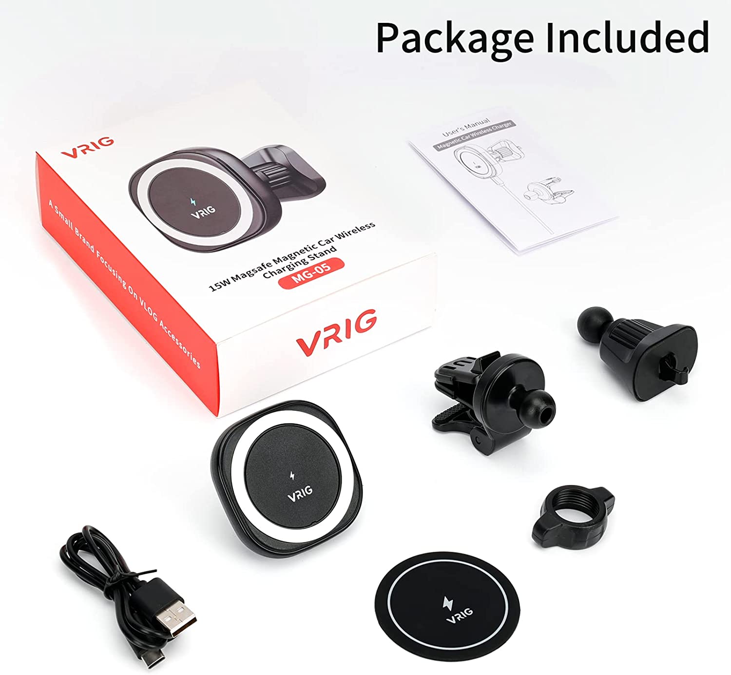 VRIG MG-05 Wireless Charging Magnetic Phone Holder for Car+Free Magnetic disc,Easily Install,15N Strong Magnets,Cell Phone Holder for Car,iPhone Car Holder Compatible with All Smartphones & Tablets