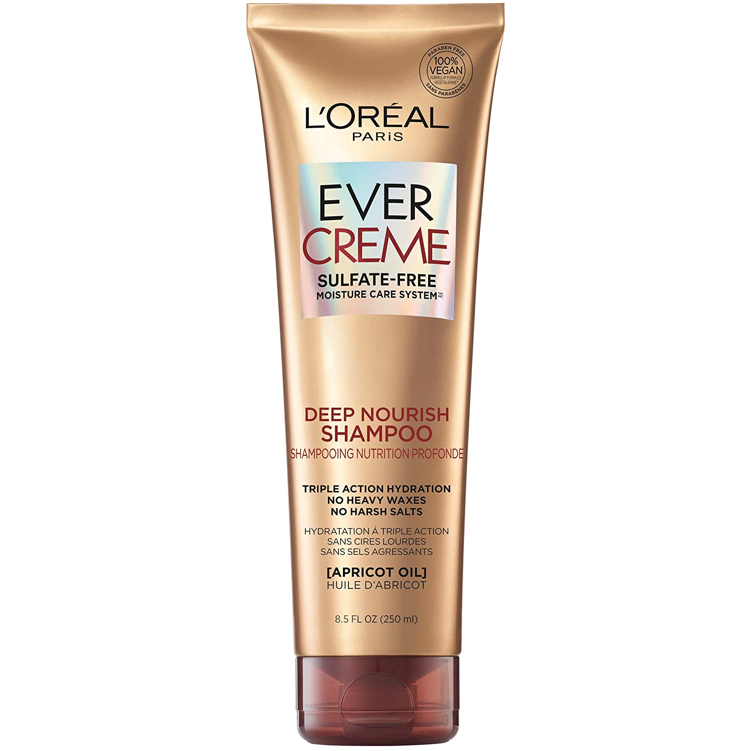 L'Oreal Paris EverCreme Sulfate Free Shampoo for Dry Hair, Triple Action Hydration for Dry, Brittle or Color Treated Hair, with Apricot Oil, 8.5 Fl; Oz (Pack of 1) (Packaging May Vary)