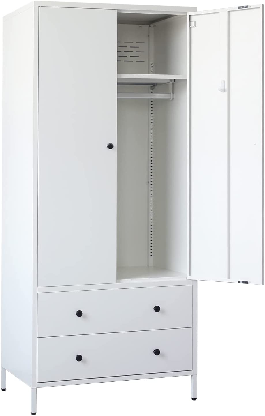 CJF Metal Storage Wardrobe with Hanging Rod， Armoire with 2 Doors and 2 Drawers，Steel Wardrobe Closet for Home， Office 74" H x 31.5" W x 20" D (White)