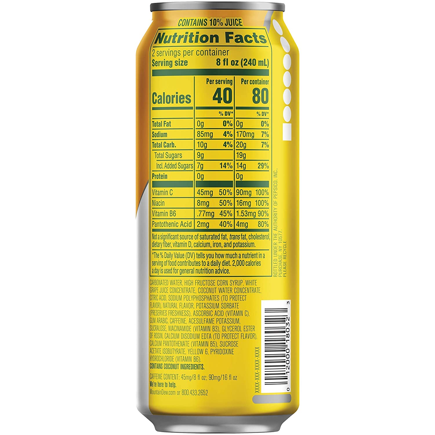 Mountain Dew Kickstart， Pineapple Orange Mango， 90mg Caffeine， Vitamins B &amp; C， 80 Calories， 10% Juice， 16 fl oz (12 Count)