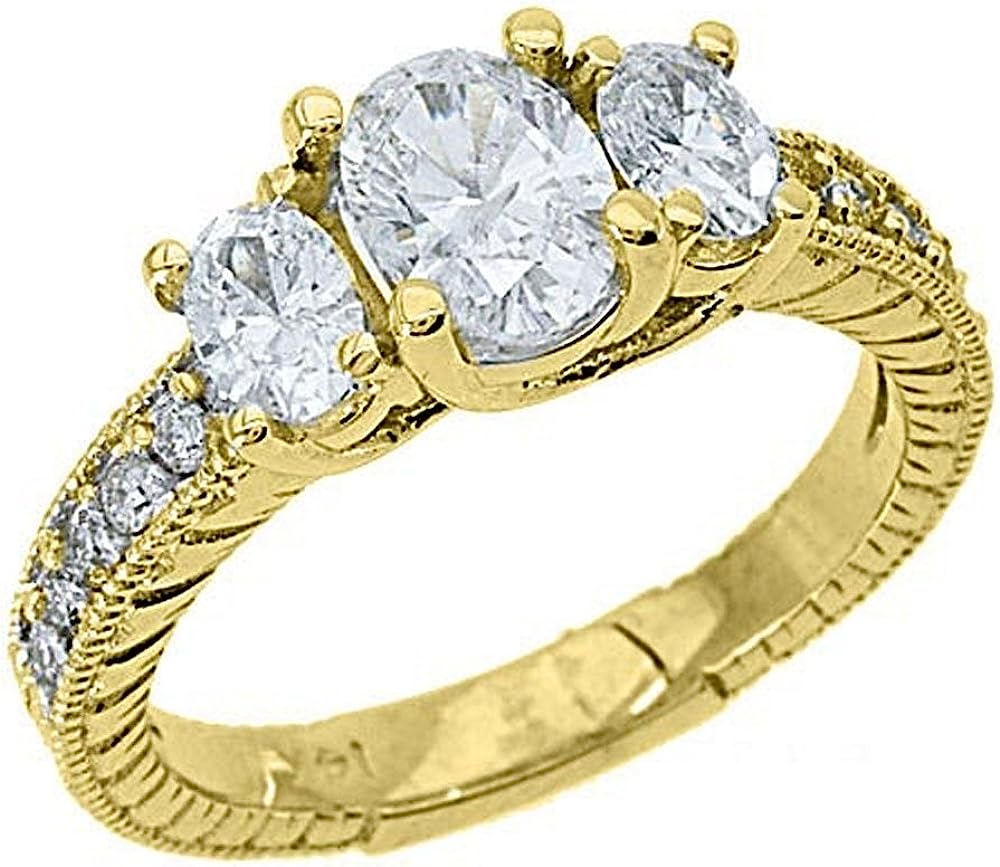 14k Yellow Gold 3-Stone Oval Antique Diamond Engagement Ring 1.50 Carats