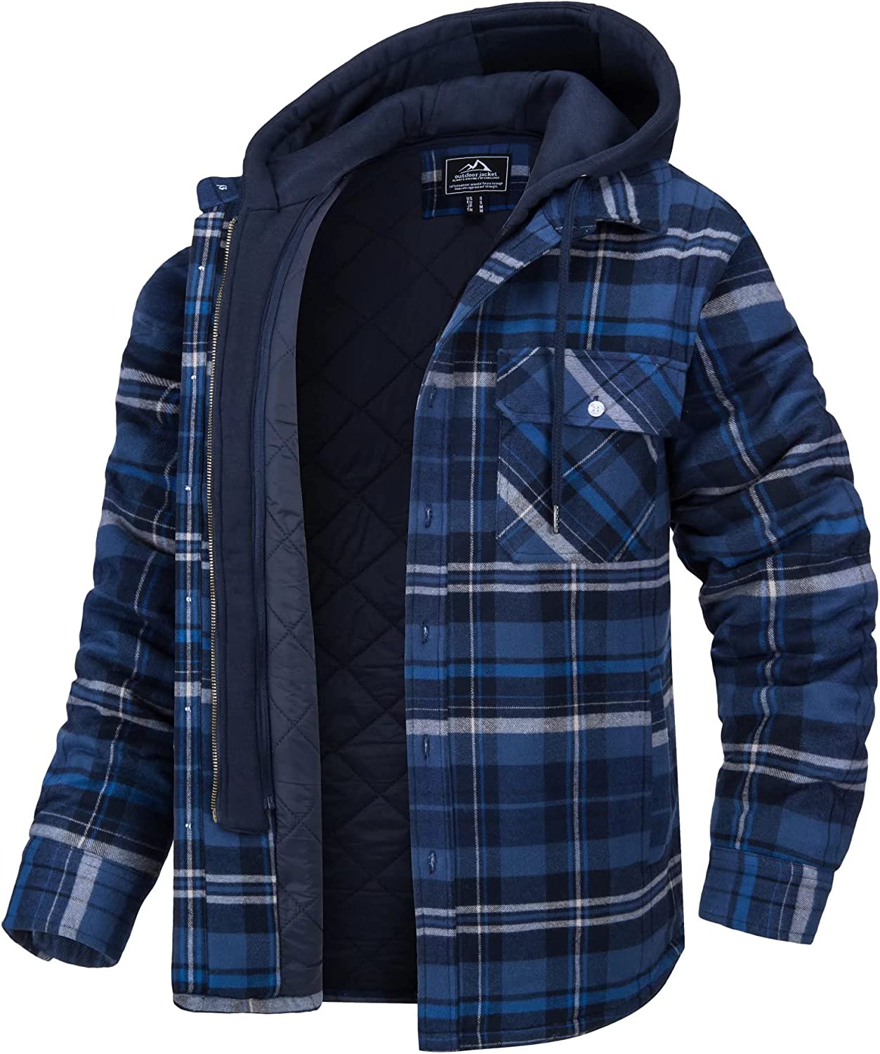 MAGCOMSEN Men's Flannel Jacket with Removable Hood 5 Pockets Plaid Quilted Lined Winter Coats Thick Hoodie Outwear