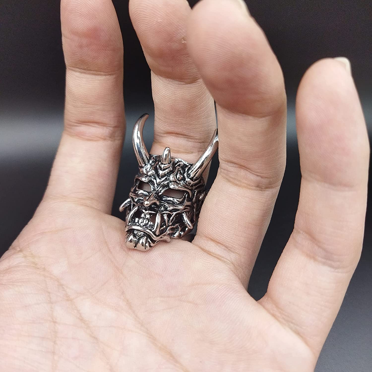 Adjustable Opening Oni Samurai Rakshasa Mask Prajna Ring Men's Jewelry Skull Devil Satan Dark Gothic Style