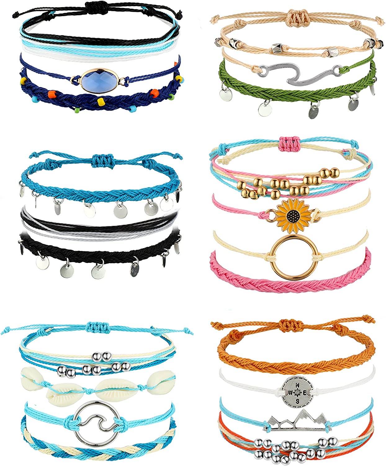 Hicarer 21 Pieces Surfer Wave Bracelet Ocean Wave Adjustable Waterproof Handmade Friendship Bracelet Summer Sunflower Bracelets Anklets Jewelry for Women Teen Girls
