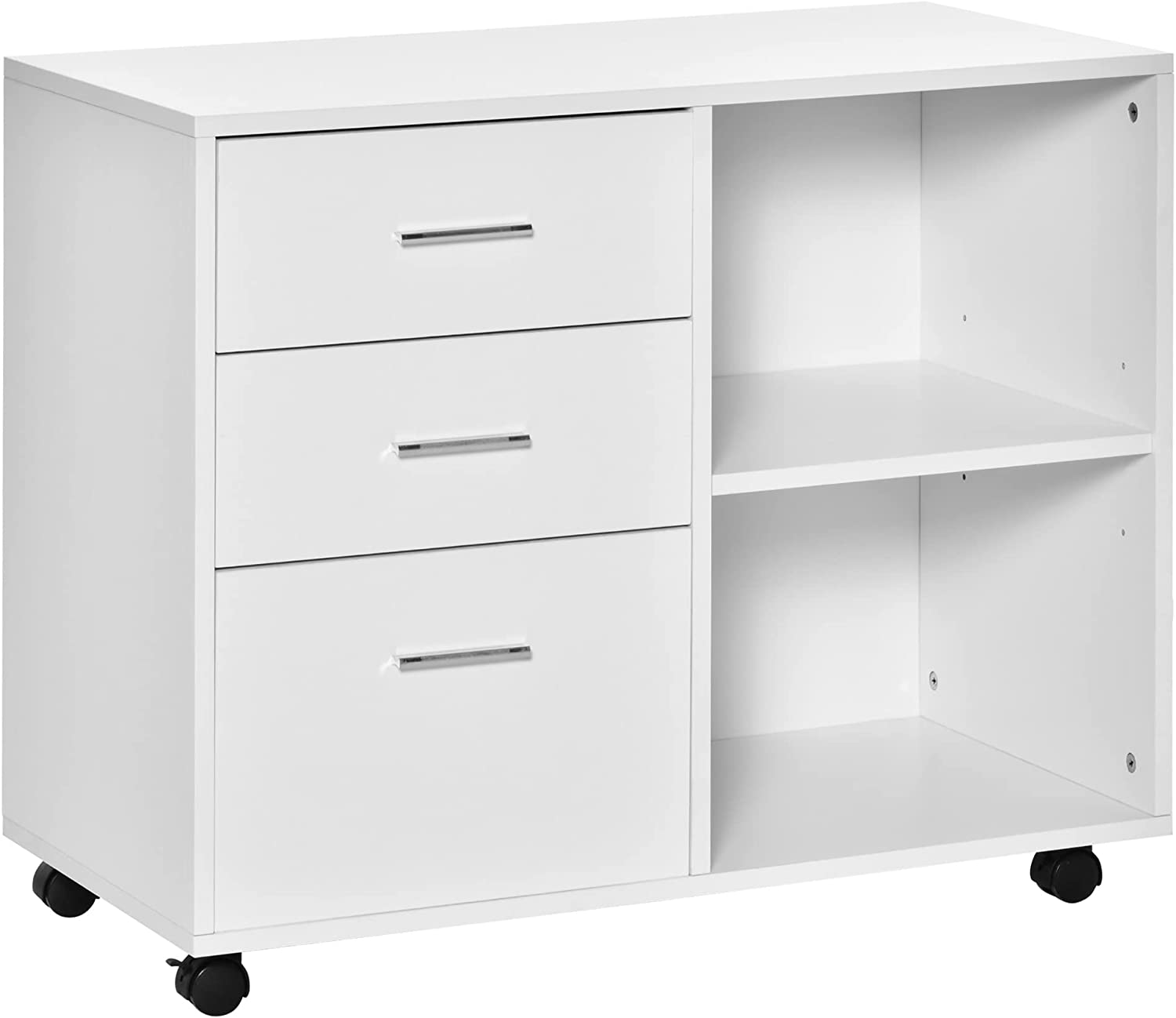HOMCOM Indoor Office Filing Cabinet with 3 Storage Drawers, Open Shelving, & 4 Caster Wheels for Easy Rolling, Black