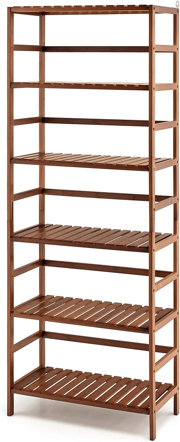Giantex 6-Tier Bamboo Bookshelf， 63'' Tall Freesrtanding Storage Display Shelf with Adjustable Shelves， Easy Assembly Multipurpose Bookcase Shelf Rack for Living Room， Kitchen， Plants， Brown