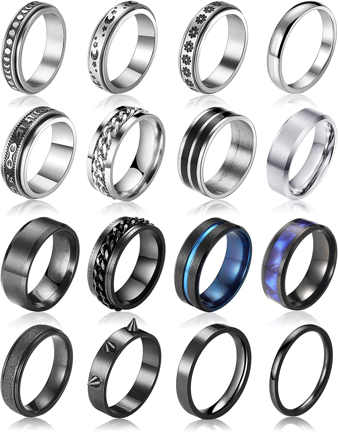 FAXHION Stainless Steel Fidget Rings for Men Women, 16 PCS Men Rings Set, Fidget Rings for Anxiety, Cool Sliver Black Spinner Men's Band Ring Pack, Jewelry