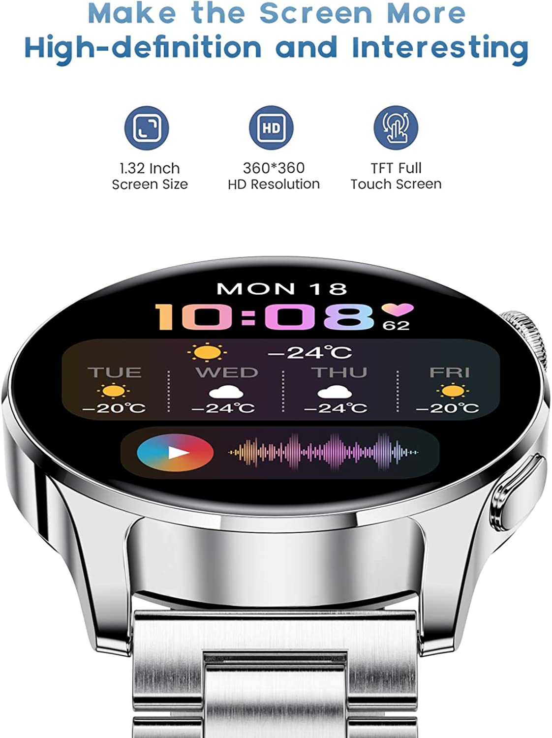 Smart Watch Make/Answer Call Notification Reminder with 300mAh Large Capacity Battery 1.32' LCD Touchscreen IP67 Waterproof Sports Dynamic Heart Rate iOS Android Compatible Smartwatches for Men