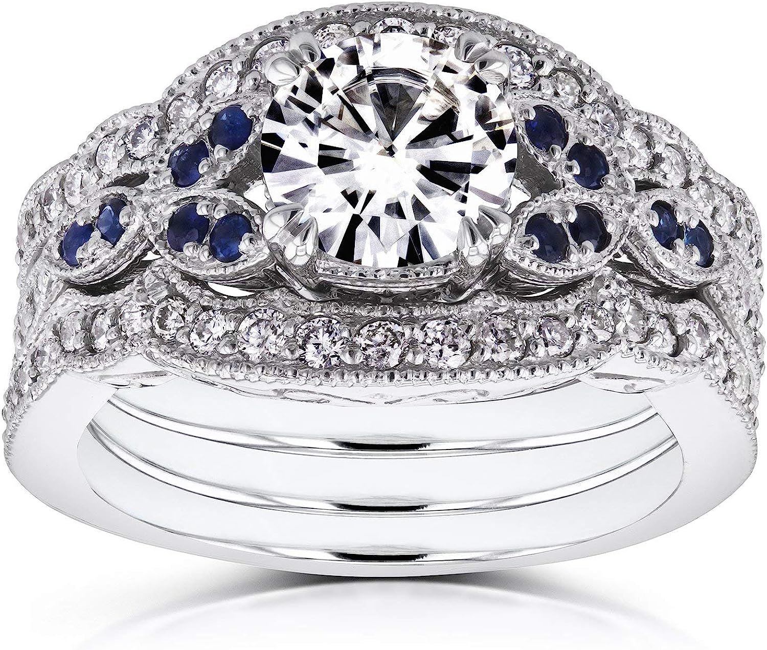 Kobelli Antique Style Forever One (D-F) Moissanite and Blue Sapphire 3 Piece Bridal Set 1 2/5 CTW in 14k White Gold