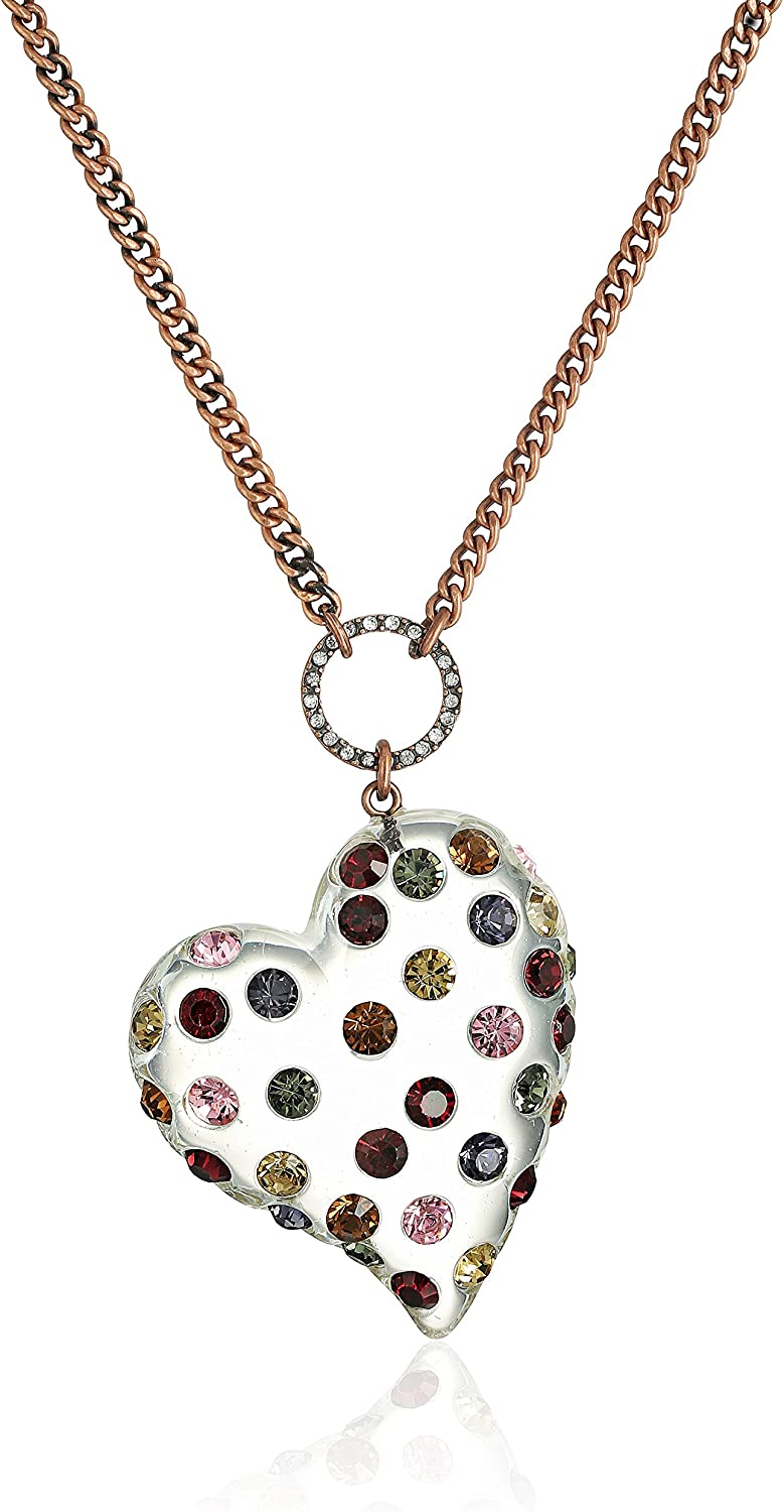Betsey Johnson Mixed Multi-Colored Stone Lucite Heart Long Pendant Necklace