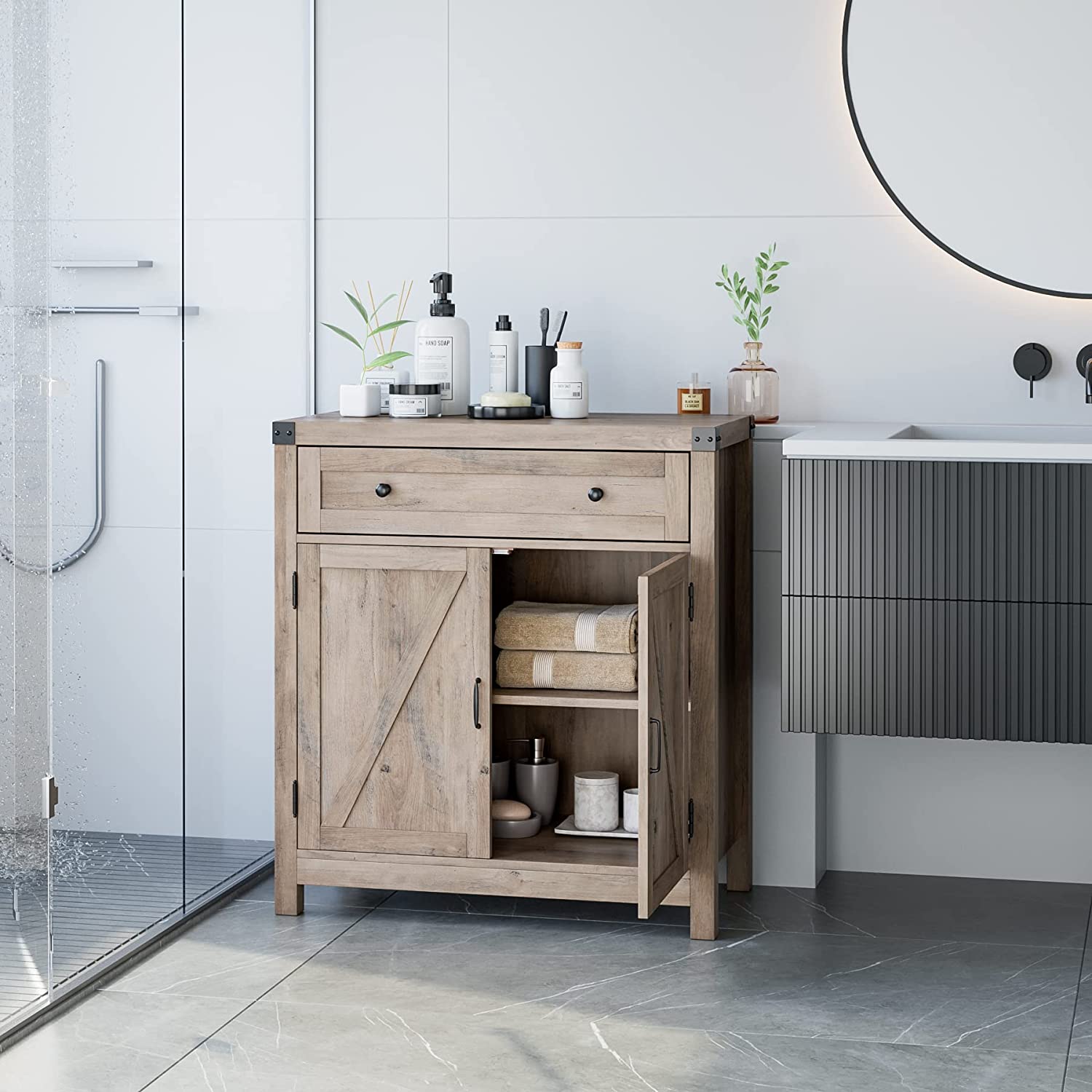 HOSTACK 2 Door Modern Farmhouse Storage Cabinet， Wood Kitchen Buffet Sideboard with Drawer and Shelf， Floor Cabinet Cupboard for Entryway Living Dining Room Bathroom，Gray