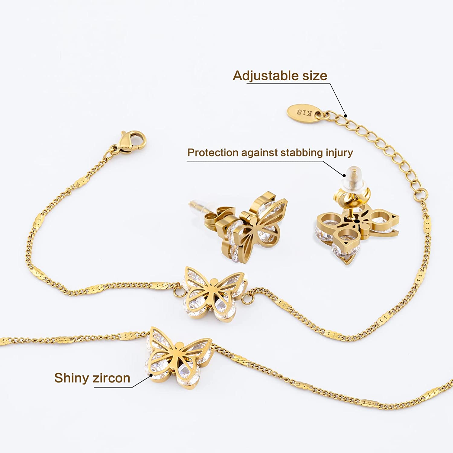 GUQILA Butterfly Jewelry Set, Diamond 18K Gold Butterflies Pendant Necklace Inlaid Zircon Butterfly Bracelet Charm Hollow Butterfly Earrings Jewelry Accessories for Women Girls Valentine's Day Gift