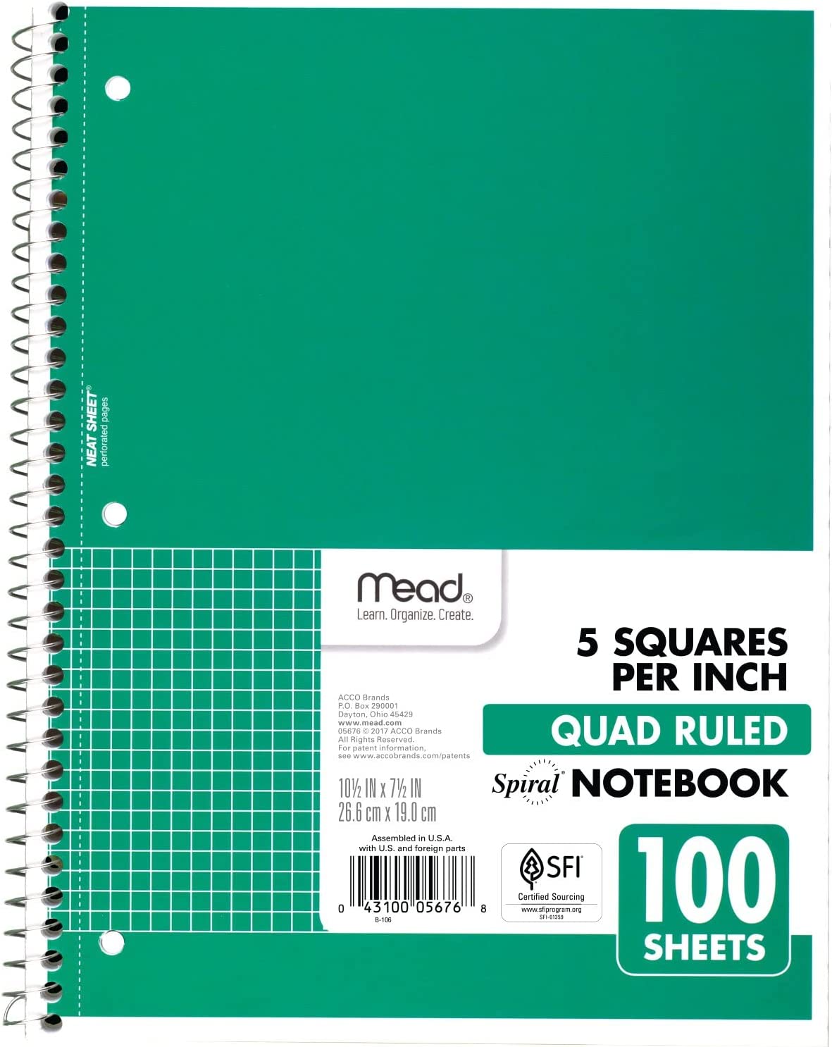 Mead Spiral Notebook, 1-Subject, Graph Ruled Paper, 10-1/2" x 8", 100 Sheets, Color Will Vary (05676)