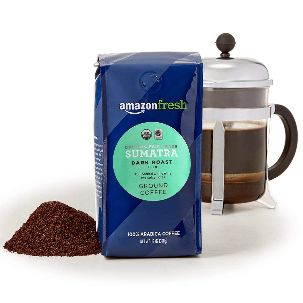 AmazonFresh Organic Fair Trade Sumatra Ground Coffee, Dark Roast, 12 Ounce (Pack of 3)