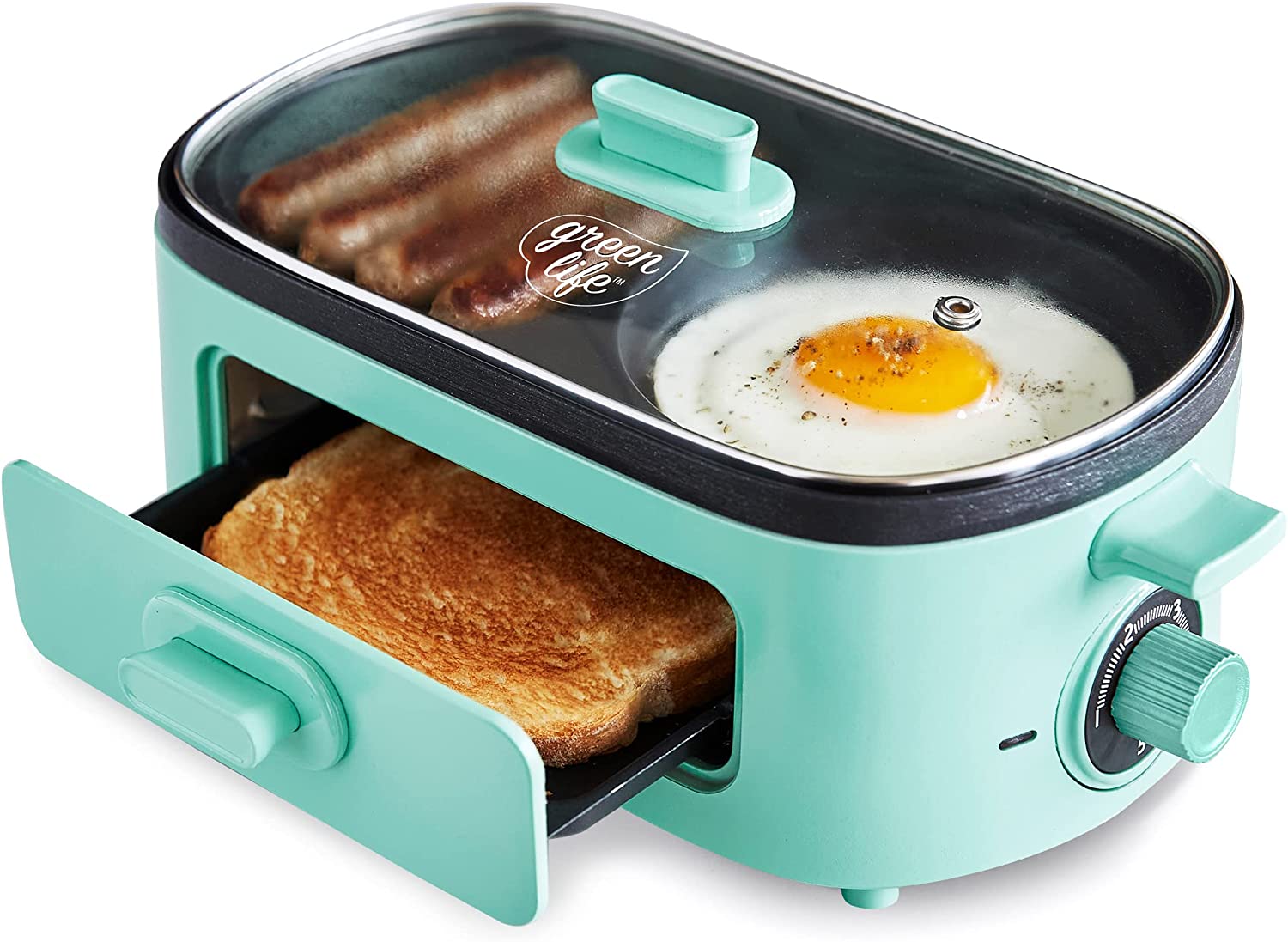 GreenLife 3-in-1 Breakfast Maker Station， Healthy Ceramic Nonstick Dual Griddles for Eggs Meat and Pancakes， 2 Slice Toast Drawer， Easy-to-use Timer， Turquoise