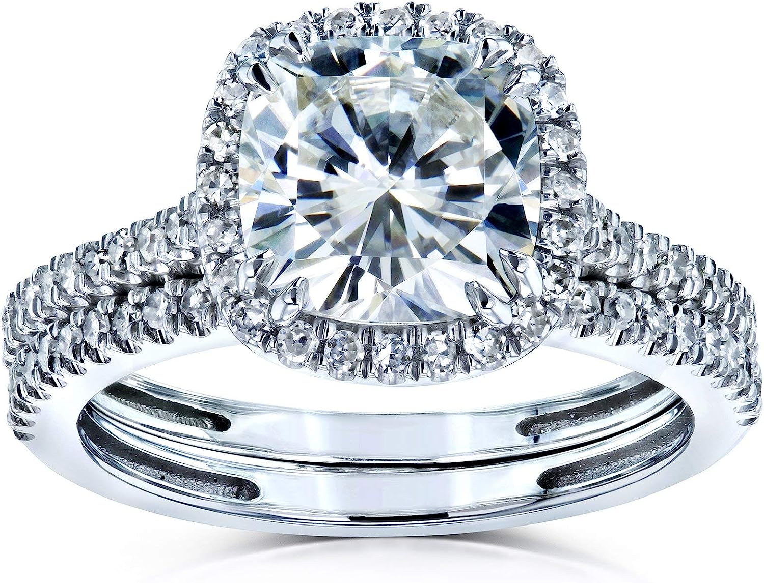 Kobelli Cushion Brilliant Moissanite Halo Bridal Wedding Rings Set 2 3/8 CTW 14k White Gold