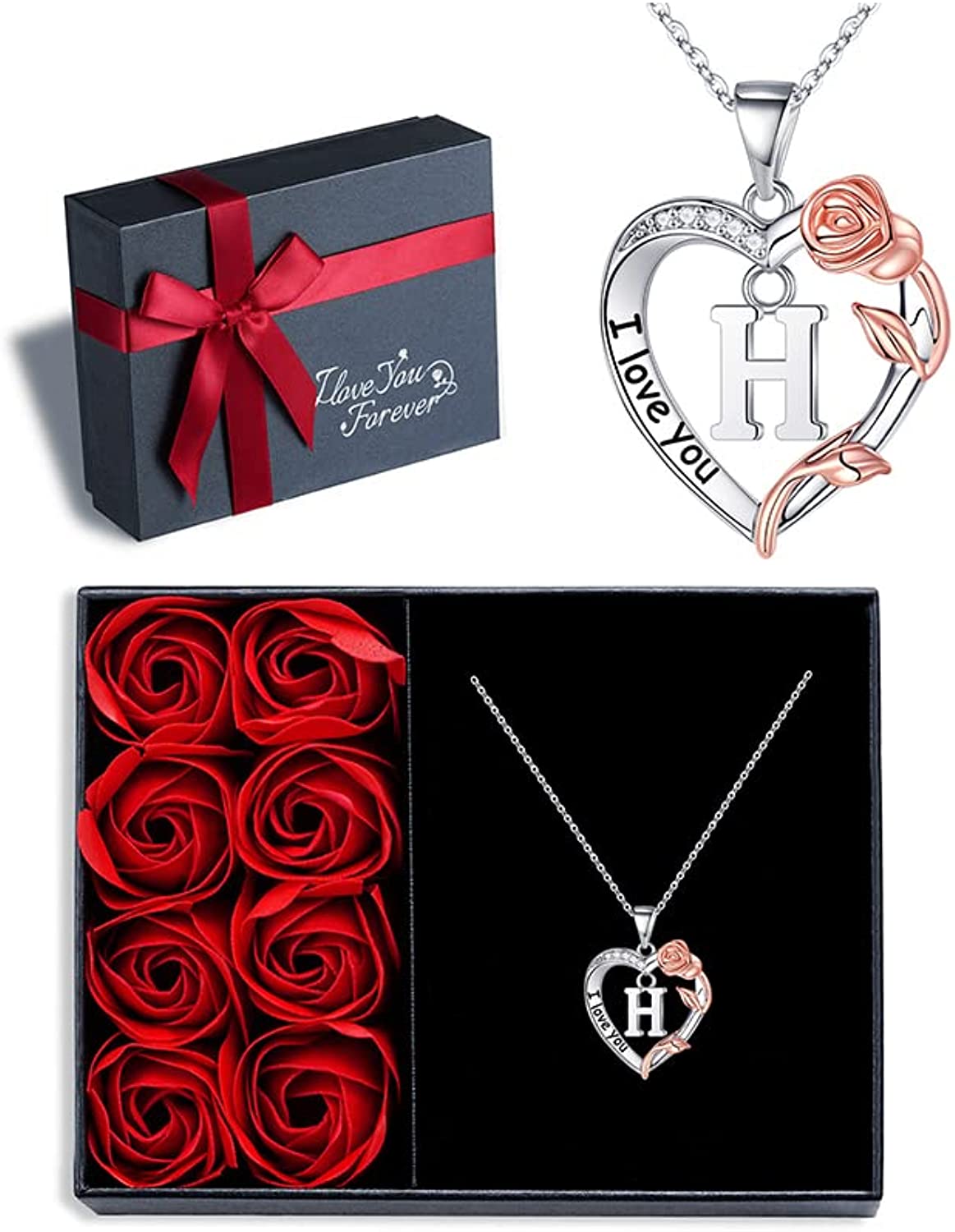 Rose Heart Necklace Gifts for Women Girls, I Love You Rose Love Heart Initial Letter Pendant Necklace Jewelry Mothers Day Valentines Birthday Christmas Jewelry Gifts for Women Mom Wife Girlfriend