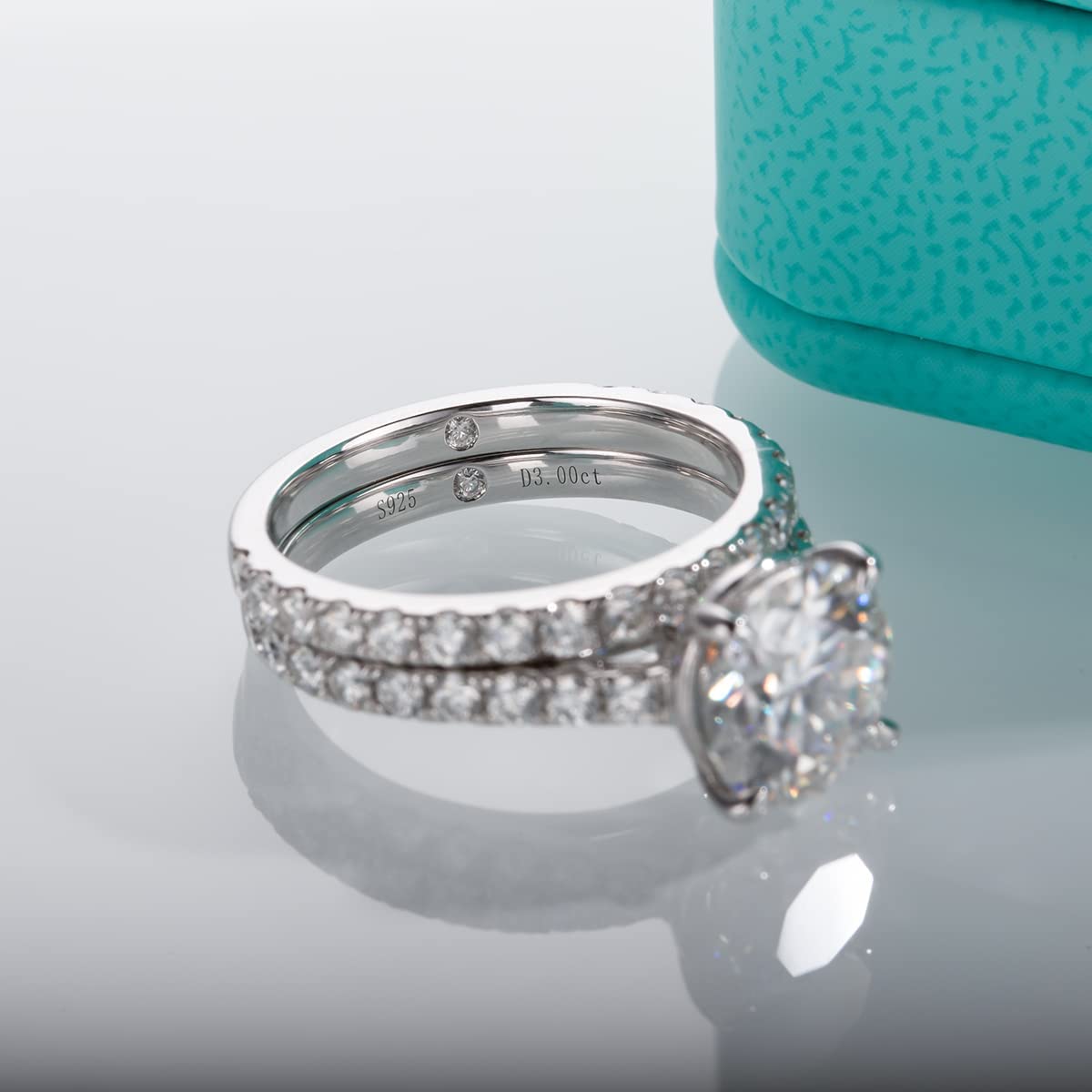 AnuClub （Total 4.14ct ）3CT Center Moissanite Engagement Rings Wedding Band D Color VVS1 Round Cut 925 Sterling Silver Bridal Sets for Women