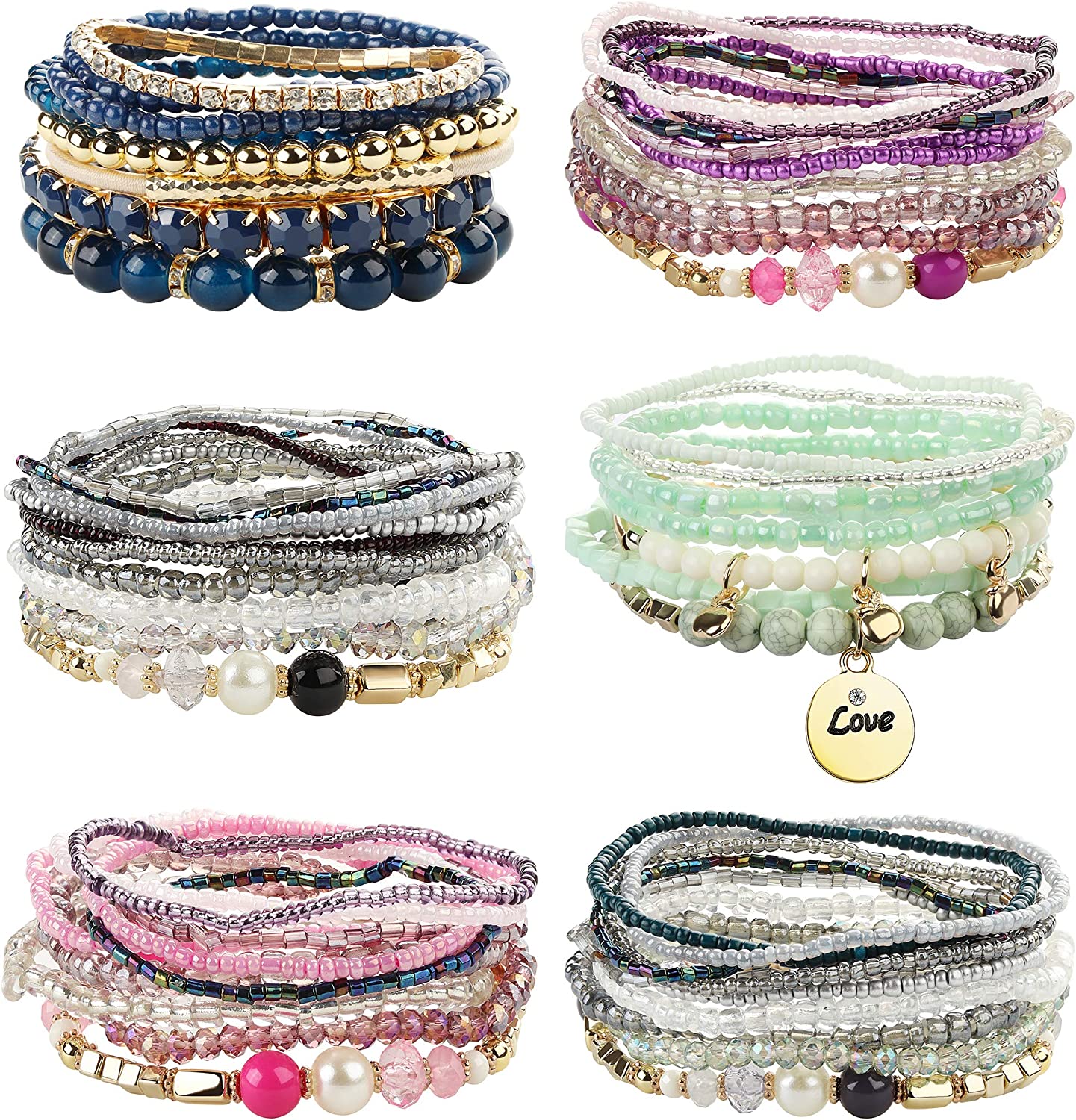 FIBO STEEL 6 Sets Bohemian Stackable Bead Bracelets for Women Stretch Multilayered Bracelet Set Multicolor Boho Jewelry