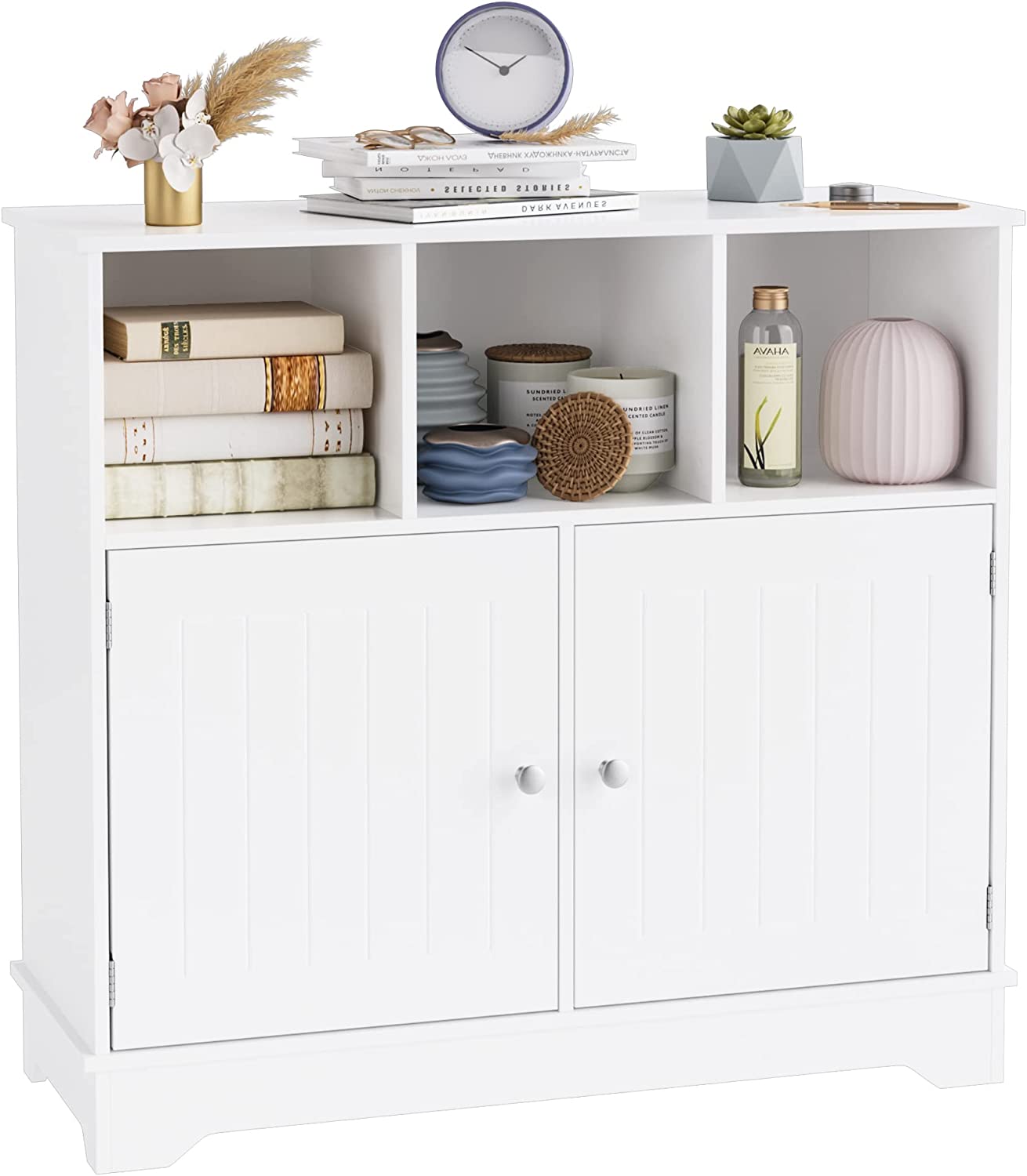 HORSTORS Floor Storage Cabinet， Linen Freestanding Bathroom Cabinet， Side Accent Cabinet with Doors and 3 Open Cubes for Home Office， 31.4" L x 11.8" D x 29.1" H， White