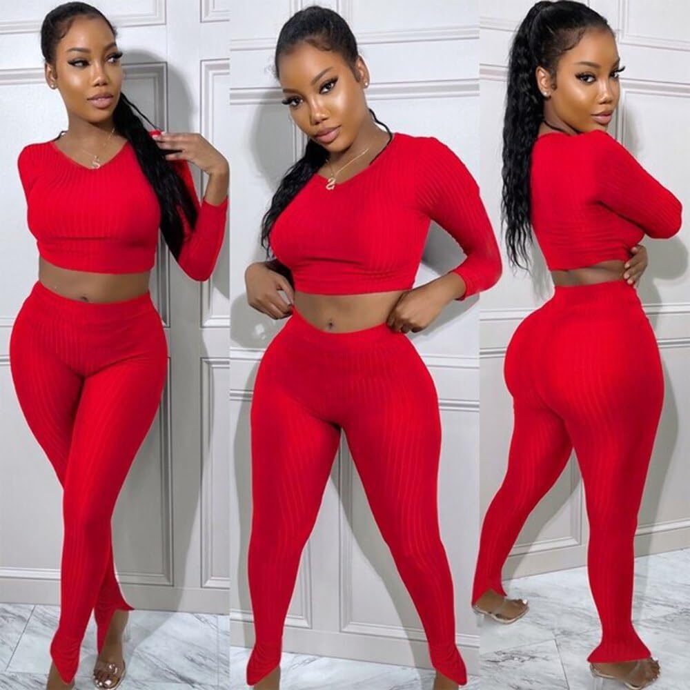 QueenLine 10pcs Wholesale Items for Business In Bulk Clothes Solid Knit Ribbed Two Piece Sets Women Fall Outfits Crop Top + Leggings Tracksuit Red S